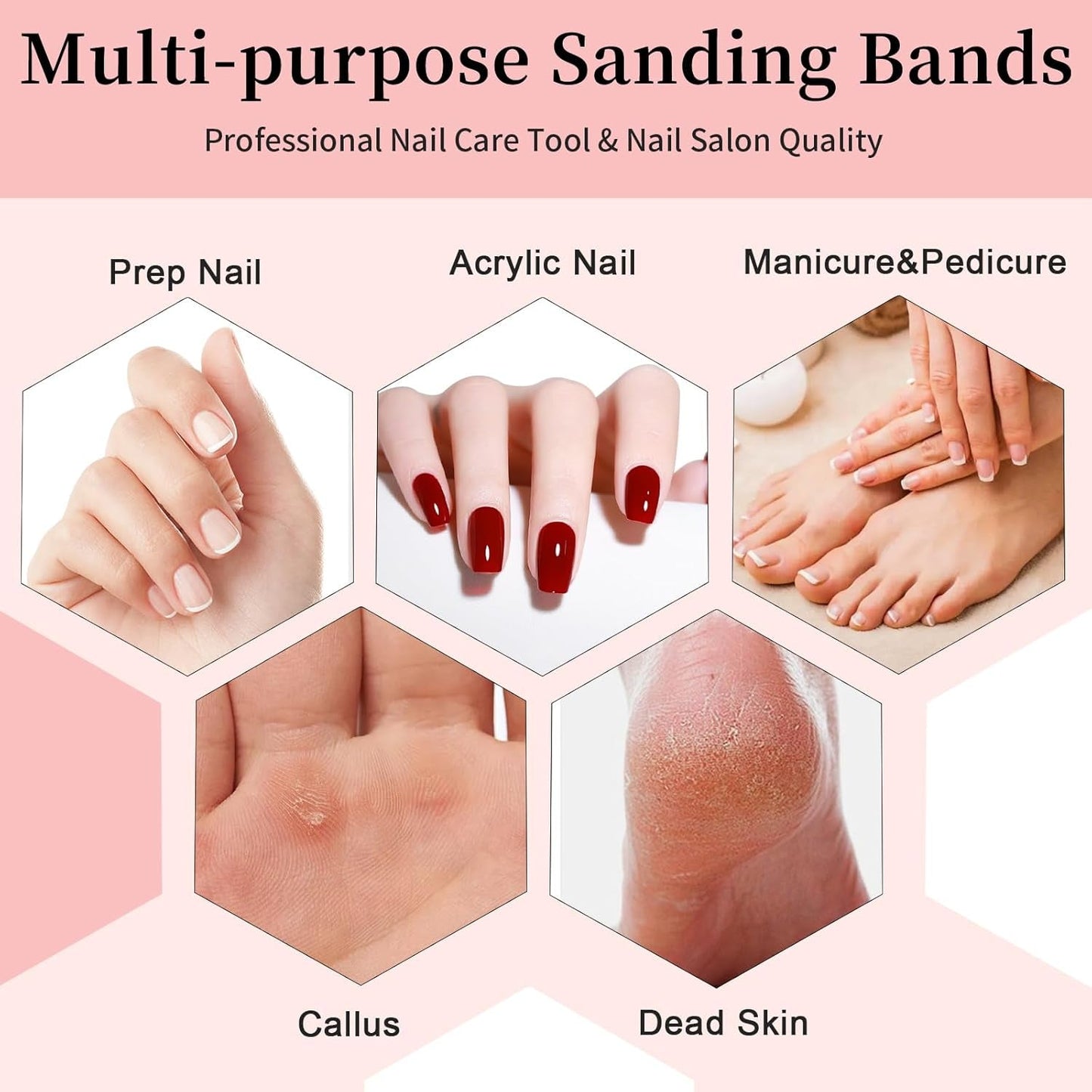 BLESWIN 100 st Små slipband för spikborr, finkornig 240 st med 2 st 3 mm borr, minislipband för polering av naturliga naglar och rengöringsnagelband för prep, rosa
