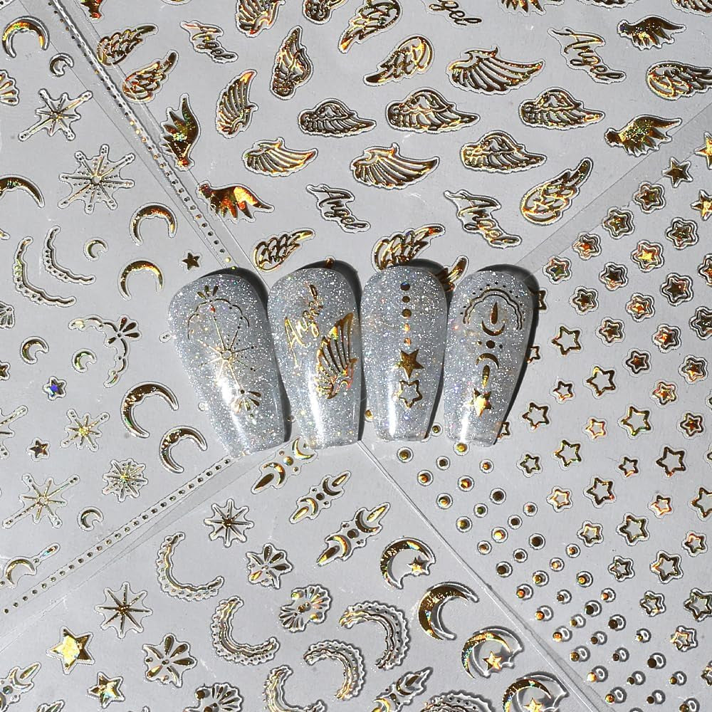 8 ark Guld Måne och stjärnor Nail Art Stickers Angel Wings Tan Guld Nail Stickers Stars Nagelfolier Självhäftande nagelklistermärken Nageldesign Tillbehör Nagelklistermärken