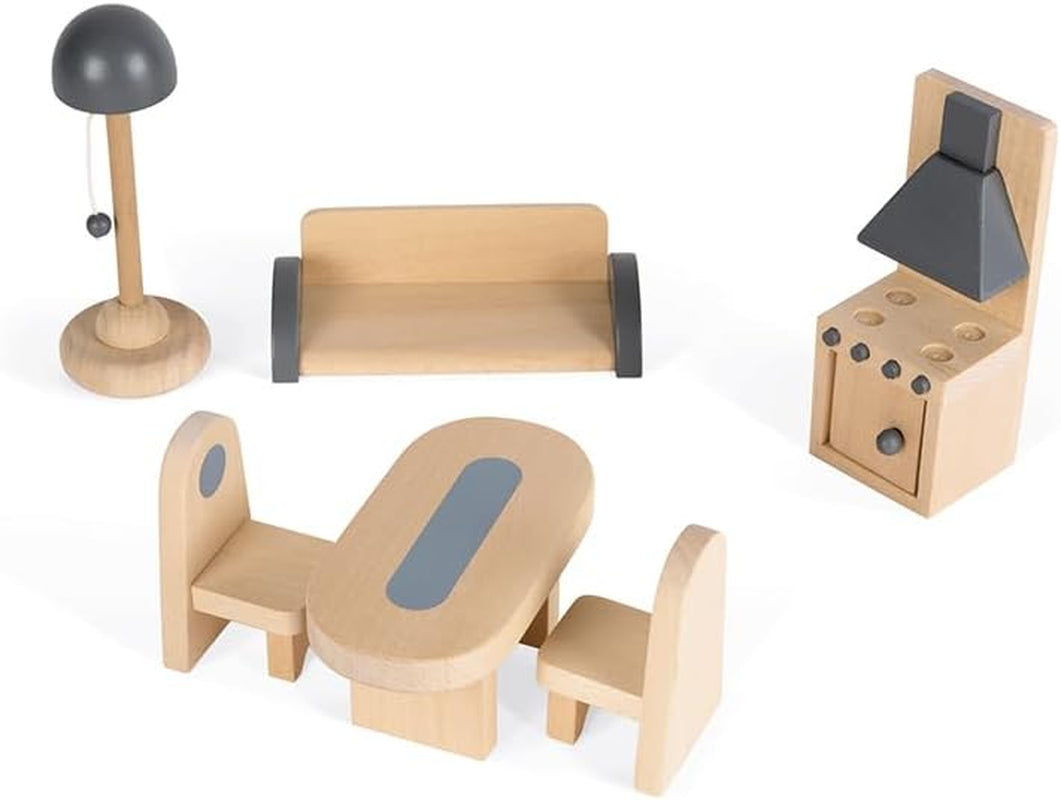 Janod - Mademoiselle Wooden Dollhouse, 3 våningar och 11 tillbehör, replikleksak, utvecklar fantasin, åldrar 3+, J06581, Pink Naty Shop Dollhouses