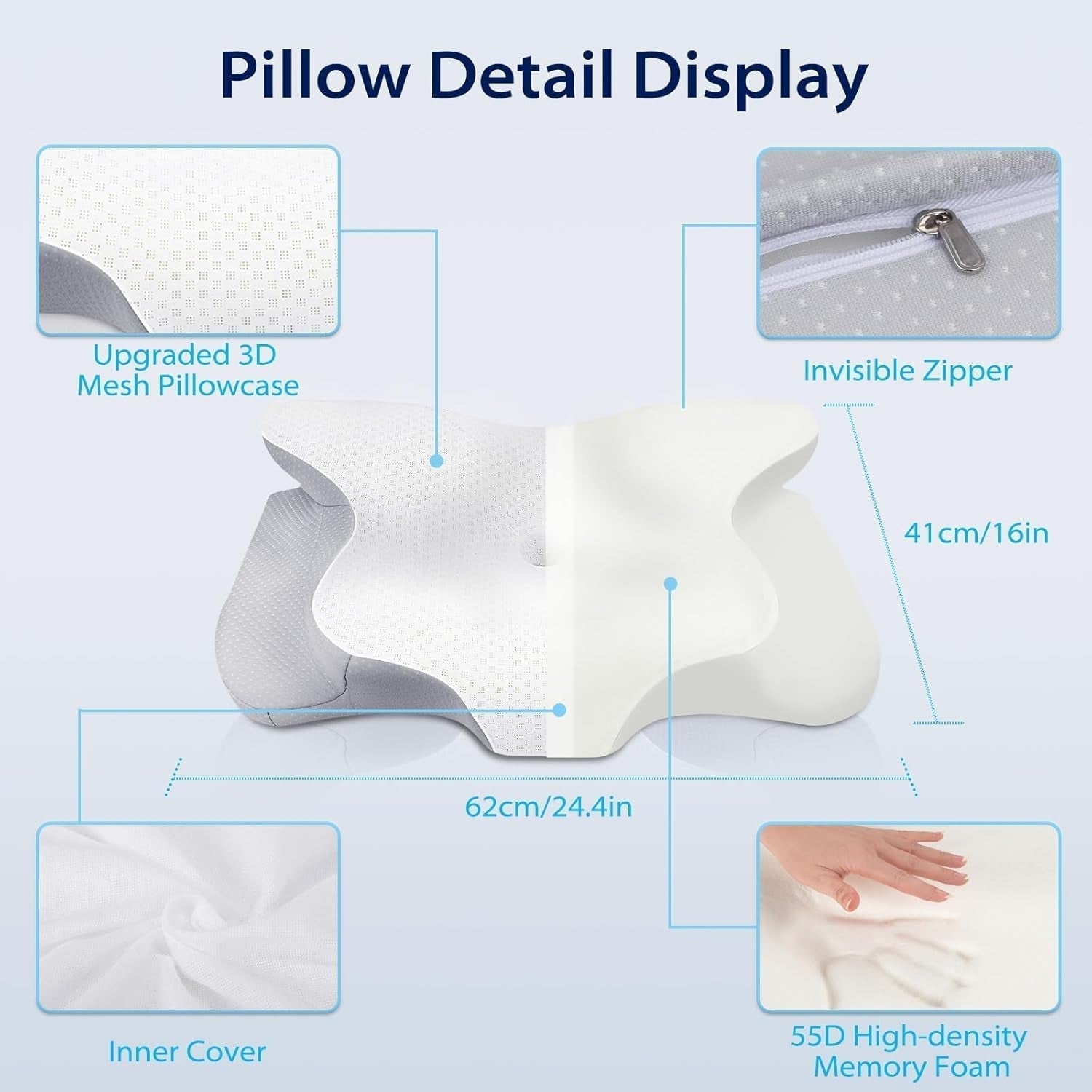 HOMCA Nackkudde Kudde, Memory Foam Ergonomisk kudde 3D kylande kuddfodral för liggande, sidoläge eller liggande position, 62 X 41 X 9,5/12,5 Cm Cervikala ortopediska kuddar Naty Shop