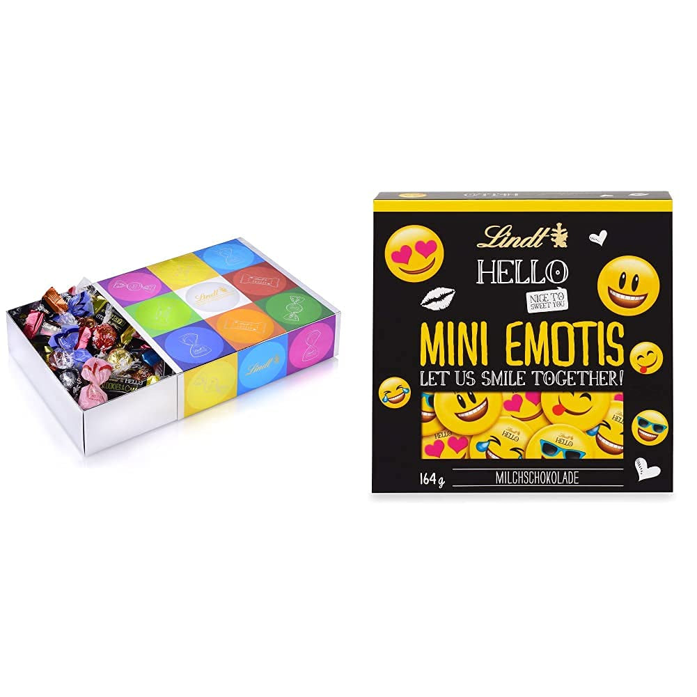 Chokladsortiment (37 LINDOR-kulor, 24 Hello Mini-pinnar, 10 Mini Fioretto), chokladpresent (1 x 815 g) och HELLO Mini Emoti, mjölkchoklad i 5 uttryckssymboler, 164 g