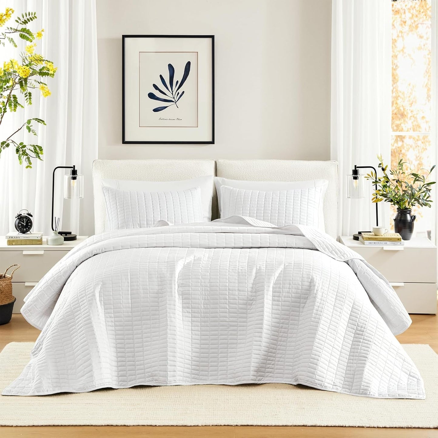 Comfort Spaces Kienna Quilt Set, Lyxiga dubbla sömmar, Sommarfilt, Lätt, Mjuk, Året Runt Sängkläder, Matchande Örngott, Vit, Filt för King Size-sängar (264,2 X 228,6 Cm), Naty Shop Quilts & Quilts Vita Oversized King(120"X118")