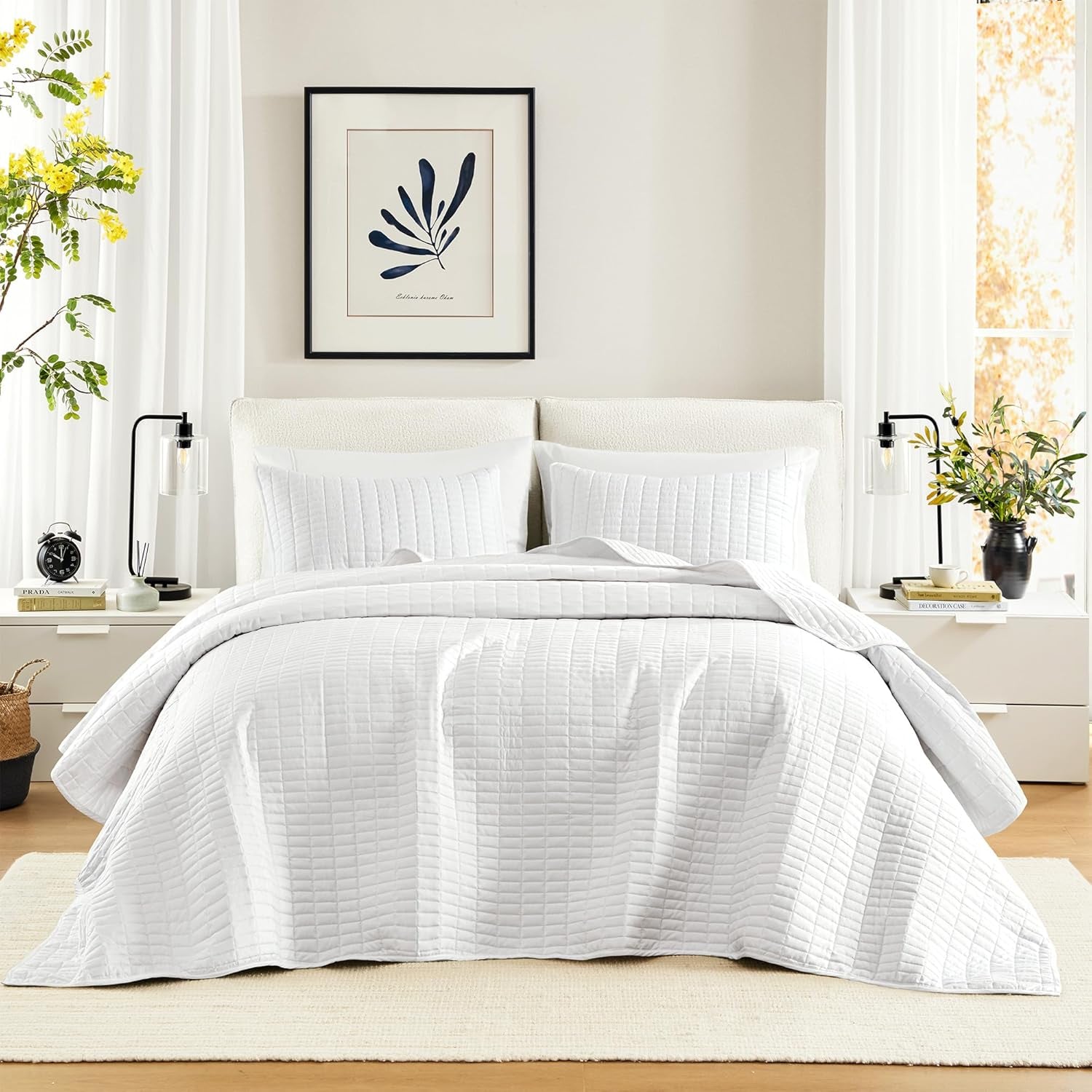 Comfort Spaces Kienna Quilt Set, Lyxiga dubbla sömmar, Sommarfilt, Lätt, Mjuk, Året Runt Sängkläder, Matchande Örngott, Vit, Filt för King Size-sängar (264,2 X 228,6 Cm), Naty Shop Quilts & Quilts Vita Oversized King(120"X118")