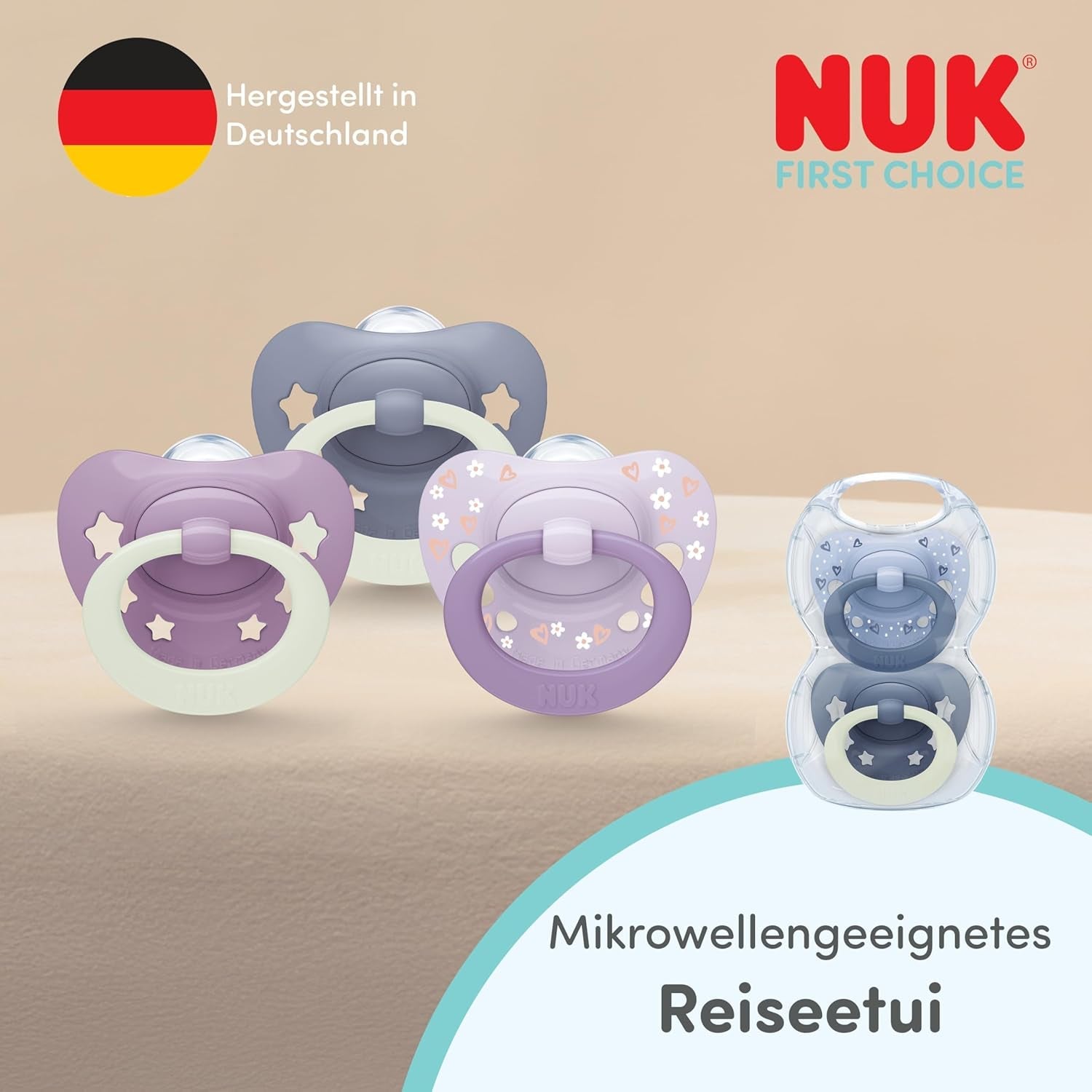 NUK First Choice klassiska dag- och nattnappar för bebisar | 6-18 månader | Ortodontiska nappar som lyser i mörkret | 95 % acceptans av spädbarn** | Blå | Paket om 2