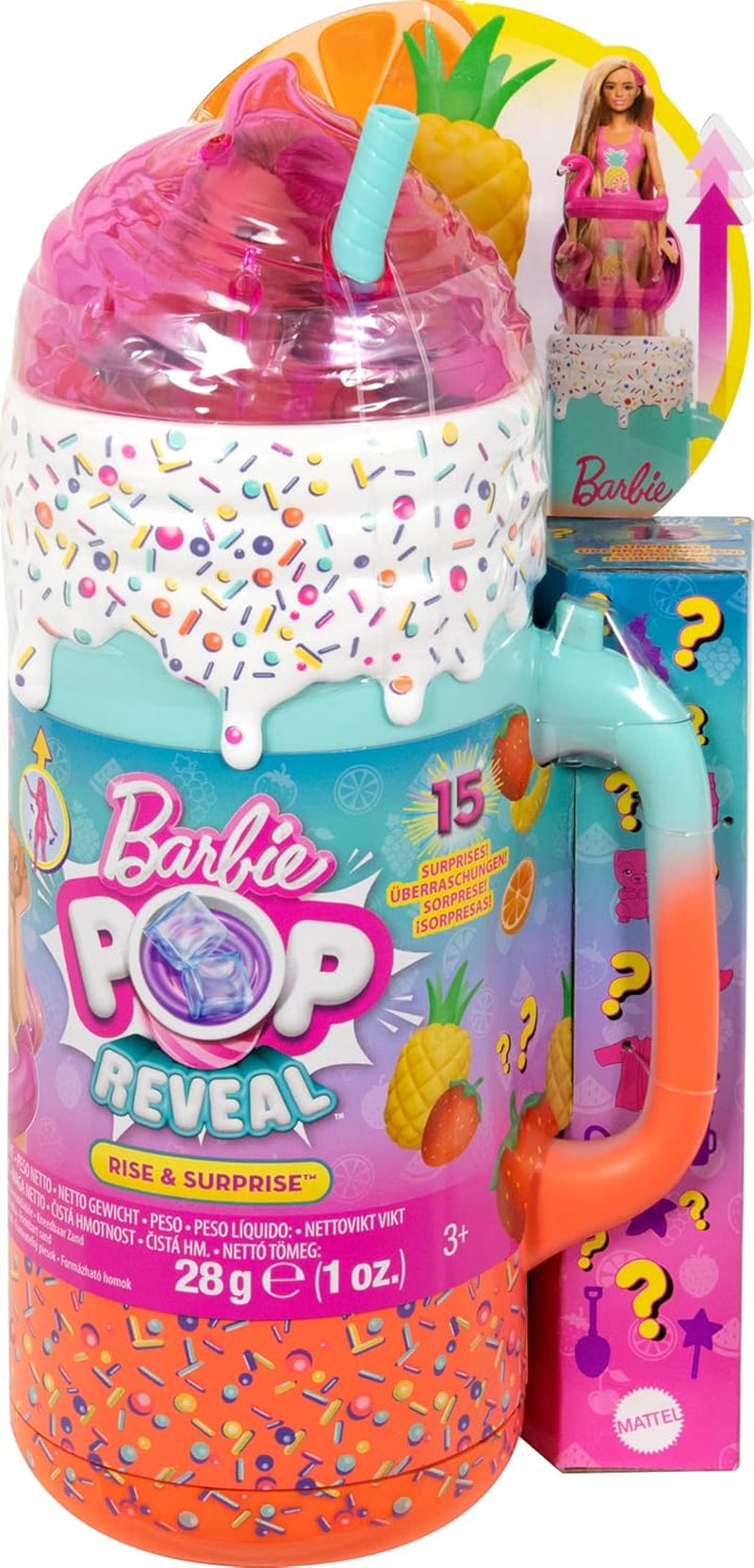 BARBIE Pop Reveal Rise & Surprise Present Set - 15+ överraskningar inklusive 1 Barbie-docka, strandtillbehör för lekfullt och fruktigt skoj för barn från 3 år och uppåt, HRK57