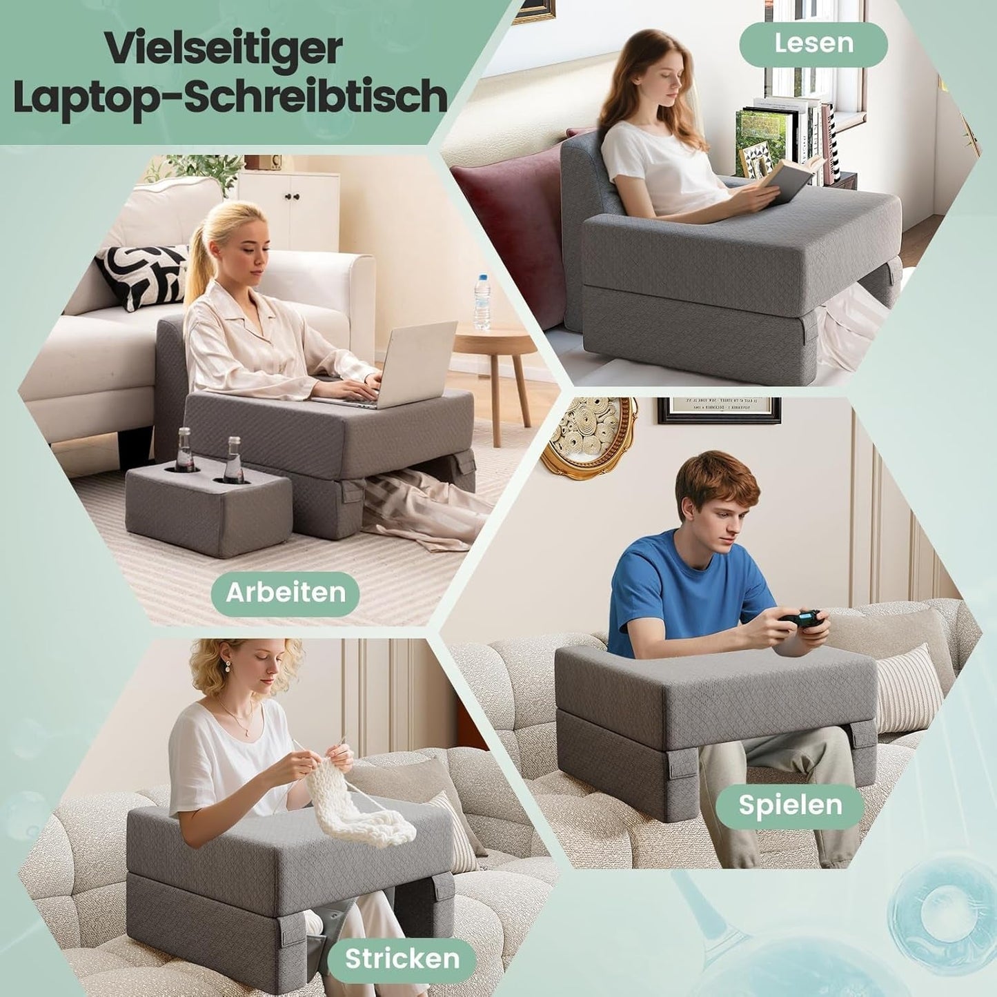 Läskudde för säng och soffa, bokkudde, fritt att kombinera med dryckeshållare och tvättbart fodral, justerbar skrivbordskudde för laptop för läsning, spel, arbete, skrivning (grå)