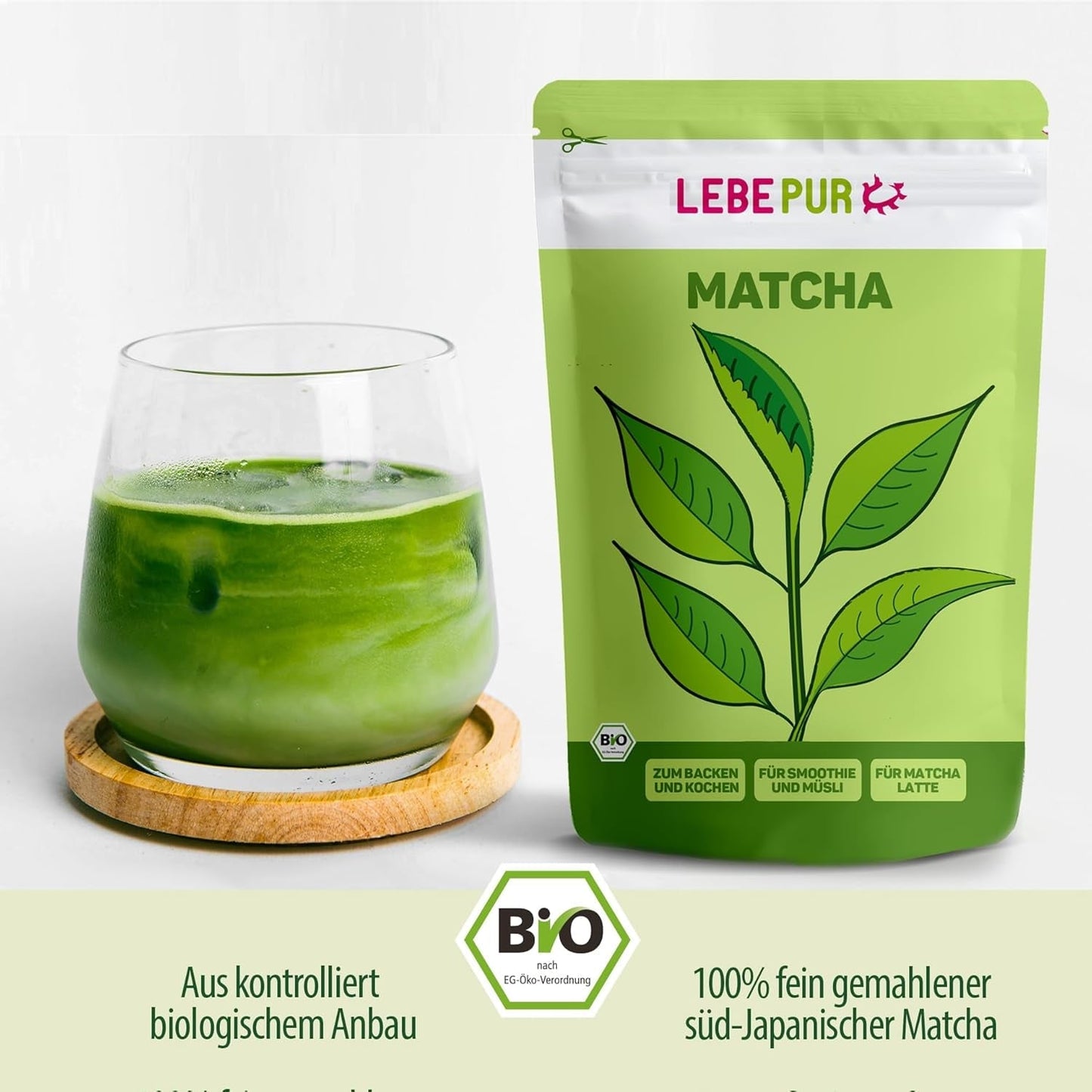 Lebepur BIO Matcha-pulver 100G - Premiumkvalitet från Japan Inga tillsatser - 100 % rent grönt tepulver för Matcha Latte, Matcha-te, grönt te, smoothie - japanskt grönt te