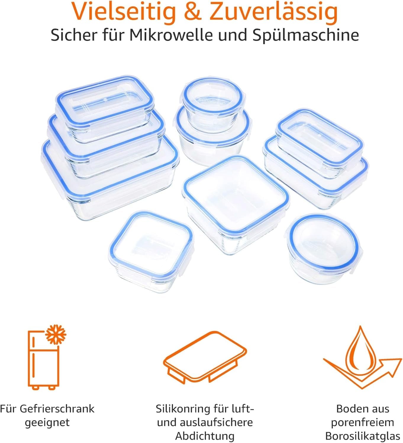 Amazon Basics matbehållare i glas med lock 20-pack (10 behållare + 10 lock) BPA-fria klarblå matförvaringslådor Naty Shop
