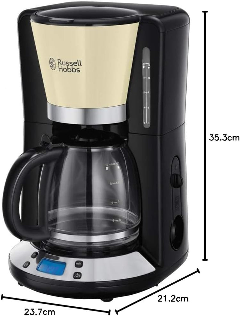 Russell Hobbs kaffebryggare [Digital timer, duschhuvud för optimal extraktion och arom] Färger+ Kräm (1 till 10 koppar, 1,25 L glaskaraff, värmeplatta, 1100W) Filterkaffebryggare 24033-56