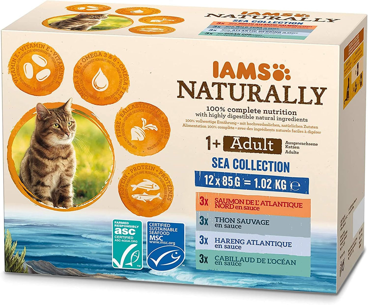 IAMS naturligt vått kattmat i sås - högkvalitativt våtfoder med fisk för vuxna katter, Sea Collection, 12 x 85g