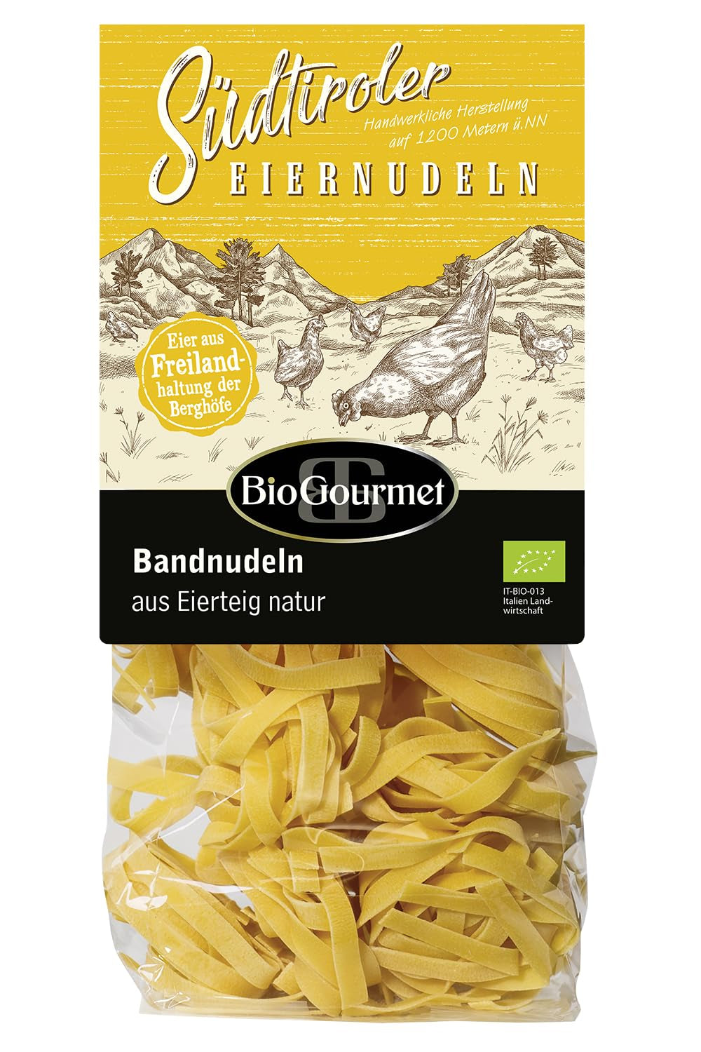 BioGourmet bandnudlar med Schüttelbrot från Sydtyrolen (SGB) | Salta och smaksatta äggnudlar med äkta prick från Sydtyrolen | 1 x 250g Bio