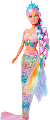 Simba 105733610 - Steffi Love Rainbow Mermaid, regnbågssjöjungfru modedocka med färgglatt hår, hårspännen, kam och avtagbar fena, lekdocka 29 cm, från 3 år