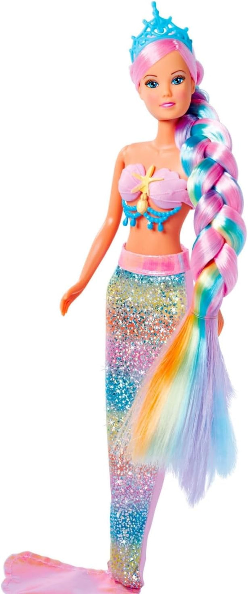 Simba 105733610 - Steffi Love Rainbow Mermaid, regnbågssjöjungfru modedocka med färgglatt hår, hårspännen, kam och avtagbar fena, lekdocka 29 cm, från 3 år