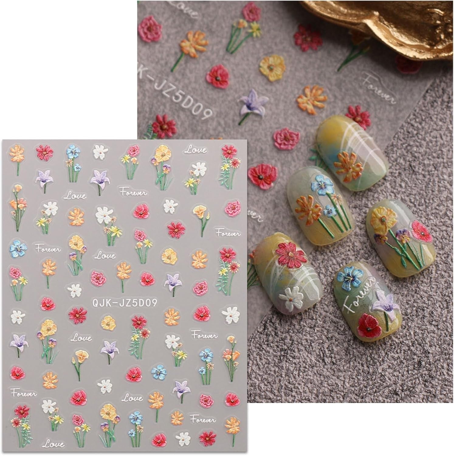 JMEOWIO 3D Nagelsticker Blumen Nail Art Sticker Selbstklebend Nagelaufkleber 5D Stereoskopisk Frühling Sommer Blumen Dekoration Nageldesign Zubehör 4 Blatt