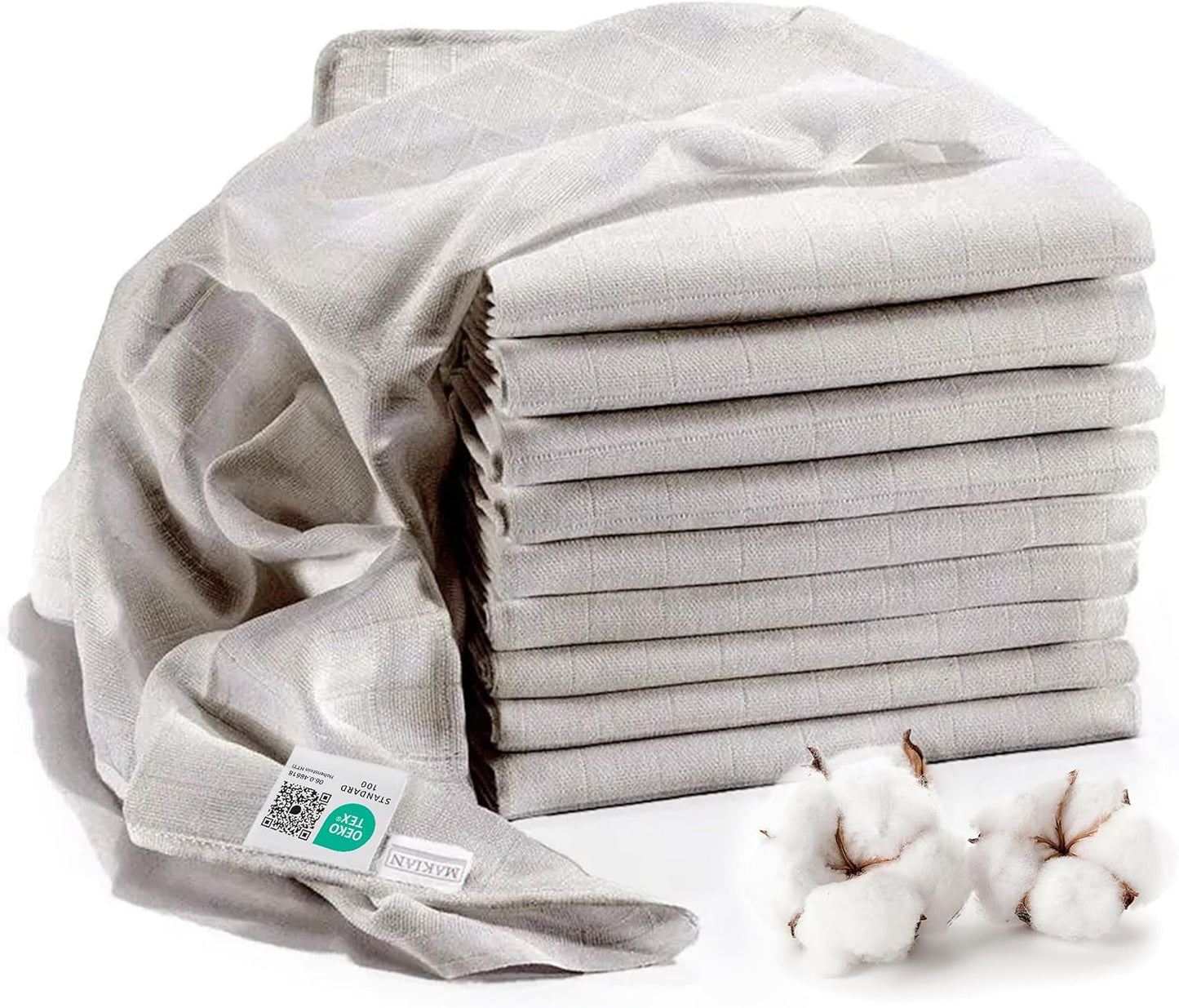 MAKIAN Muslin Squares, paket med 10, 80x80 cm, Oeko-TEX® Standard 100 Certified, 10 Premium Burp-dukar - Dubbelvävda tygrutor / Muslin Squares, Kokbeständig - Vit