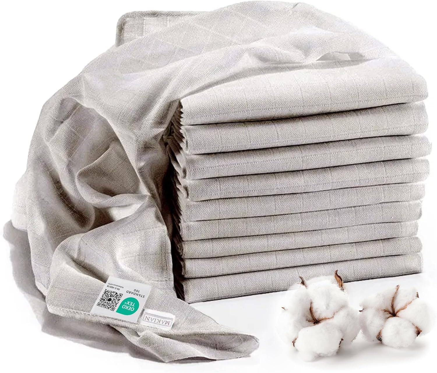 MAKIAN Muslin Squares, paket med 10, 80x80 cm, Oeko-TEX® Standard 100 Certified, 10 Premium Burp-dukar - Dubbelvävda tygrutor / Muslin Squares, Kokbeständig - Vit