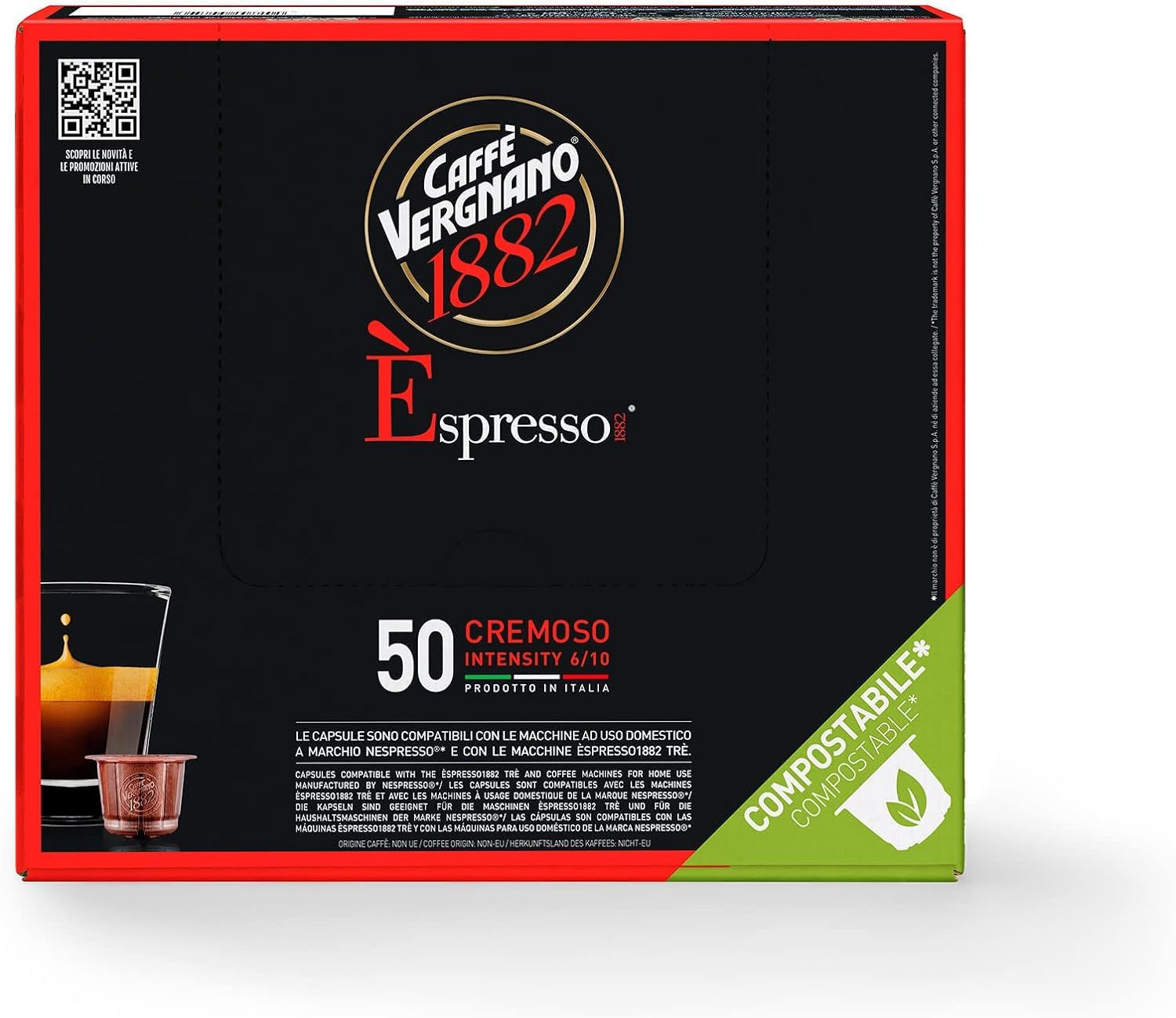 Caffè Vergnano 1882 - Èspresso Kompostierbare Kaffeekapseln, kompatibel med Nespresso, Cremoso (Creamy) - Packung Enthält 50 Kapseln