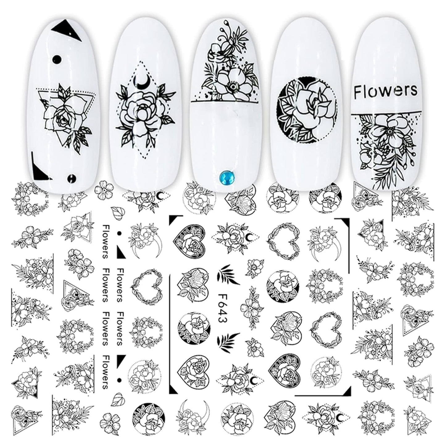 JMEOWIO Nagelsticker Geometrie 10 Blatt Nagelaufkleber Selbstklebend Schwarzes Herz Unregelmäßig Geformt Nagel Art Sticker Dekoration Nageldesign Zubehör