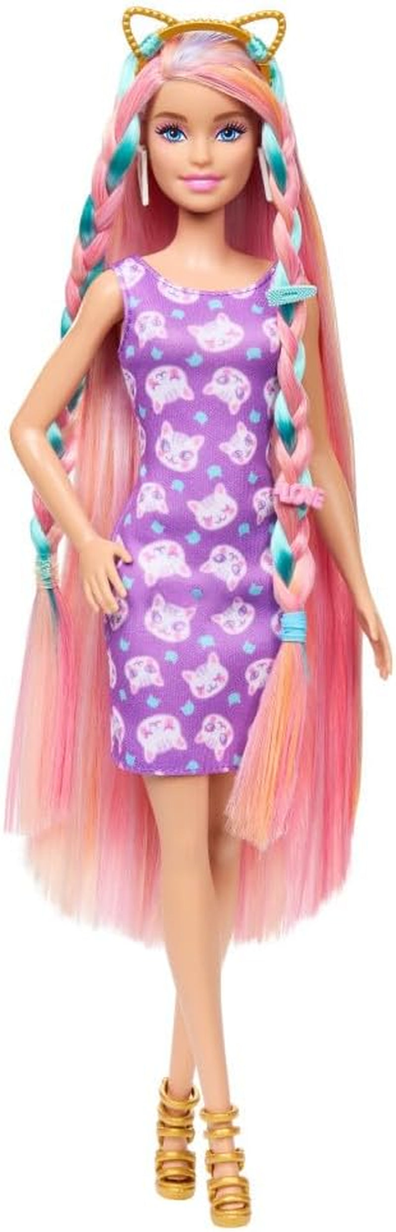 Barbie Totally Hair - Docka med extra långt regnbåghår som är lätt att styla och 10 mode- och stylingaccessoarer, färgblock prickig klänning, för åldrarna 3 och uppåt, HKT96