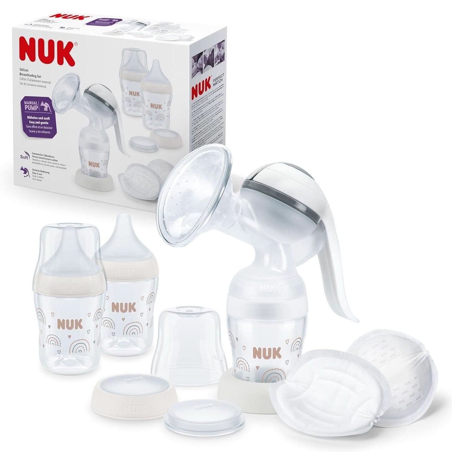 NUK manuell bröstpumpset, mjuk silikonkudde, 2 perfekt kombinerade flaskor, 150 ml Tillbehör Mat och amning Bebe Naty Shop Handmilchpumpe Set