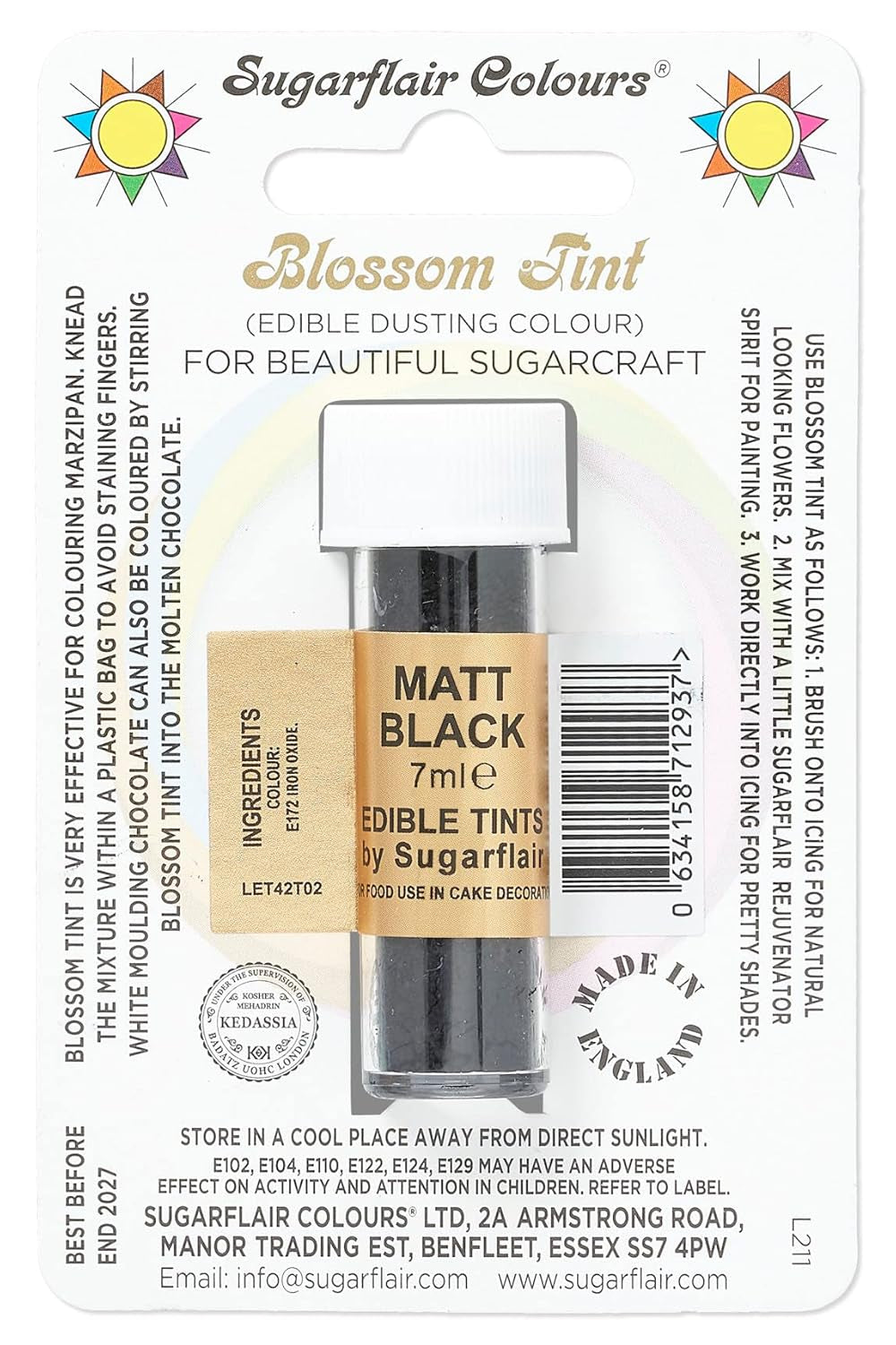 Matfärgningspulver Sugarflair Blossom Tint Duting, mattsvart - Livsmedelsfärgpulver för dekoration av färgad sockerpasta, fondant, glasyr, choklad, smörkräm, makroner - 7ml