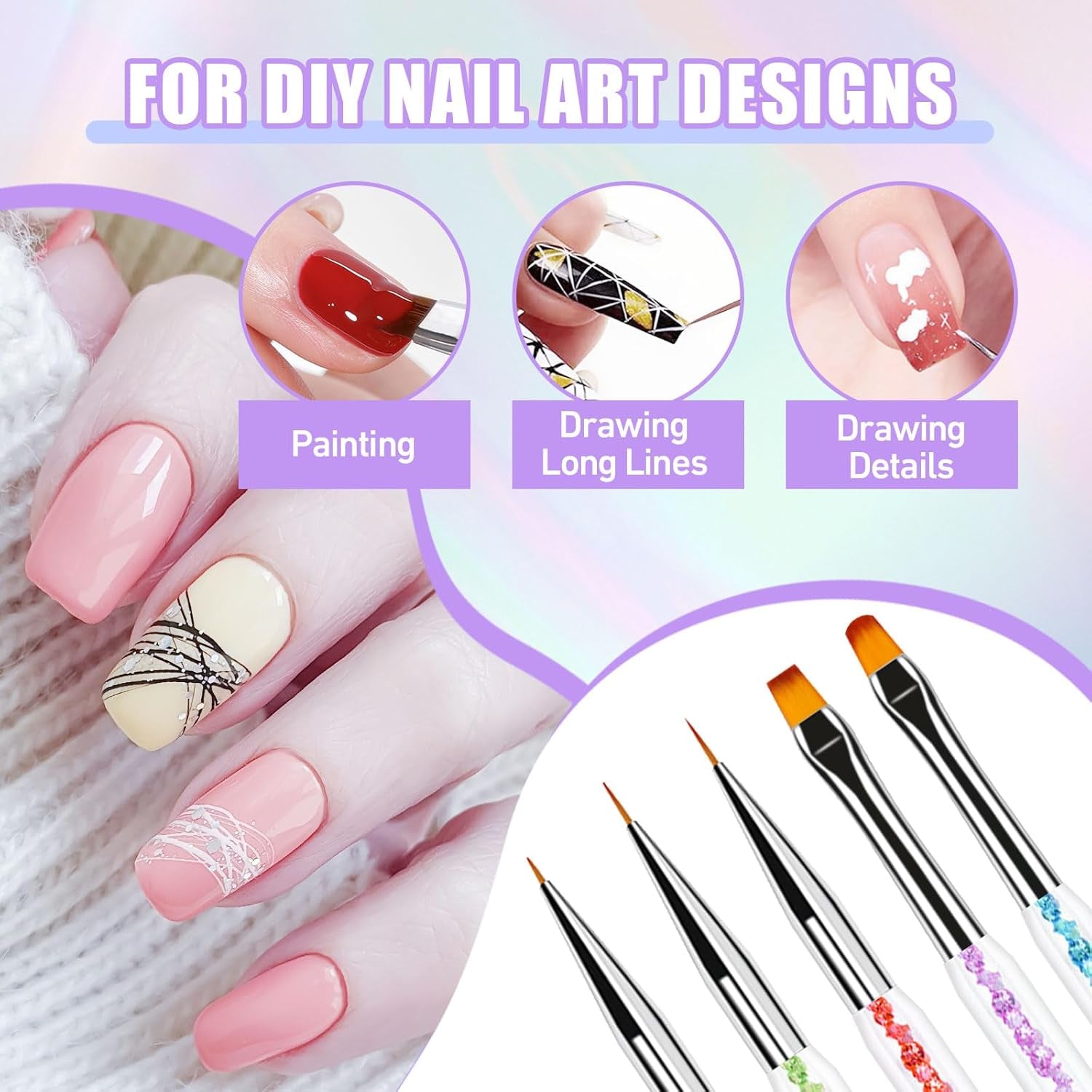 Sularpek 6 Stück Nagel Pinsel, Nagel Pinsel, Pinsel Nageldesign, Nagel Pinsel Set, Nail Art Dotting Tools Mit 1 Sponge Brush Applikator, Nageldesign Zubehör Für DIY Nail Art Design