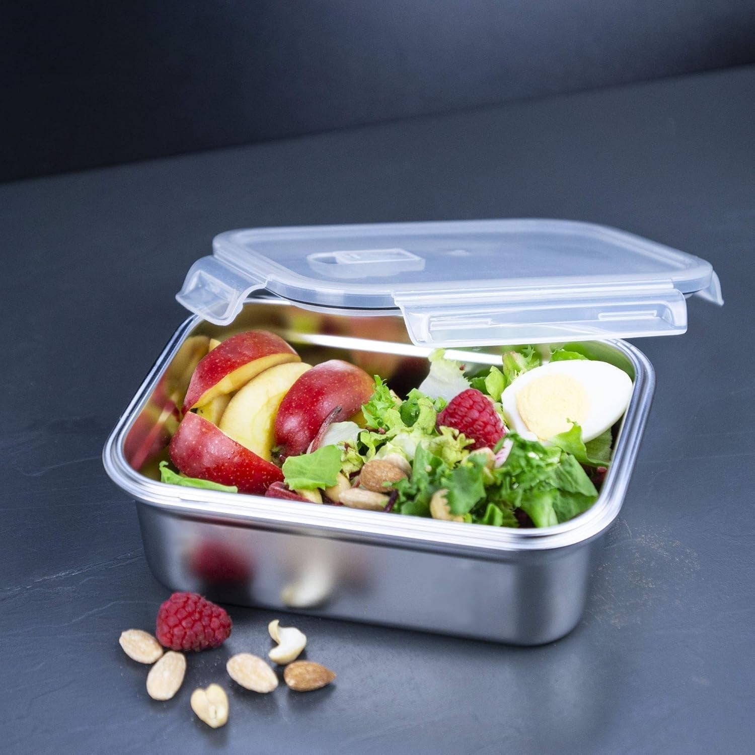 Lurch 240895 Lunchbox Högkvalitativt rostfritt stål Säkerhets-/förvaringslåda med BPA-fritt plastlock 2000 ml klara matförvaringslådor Naty Shop