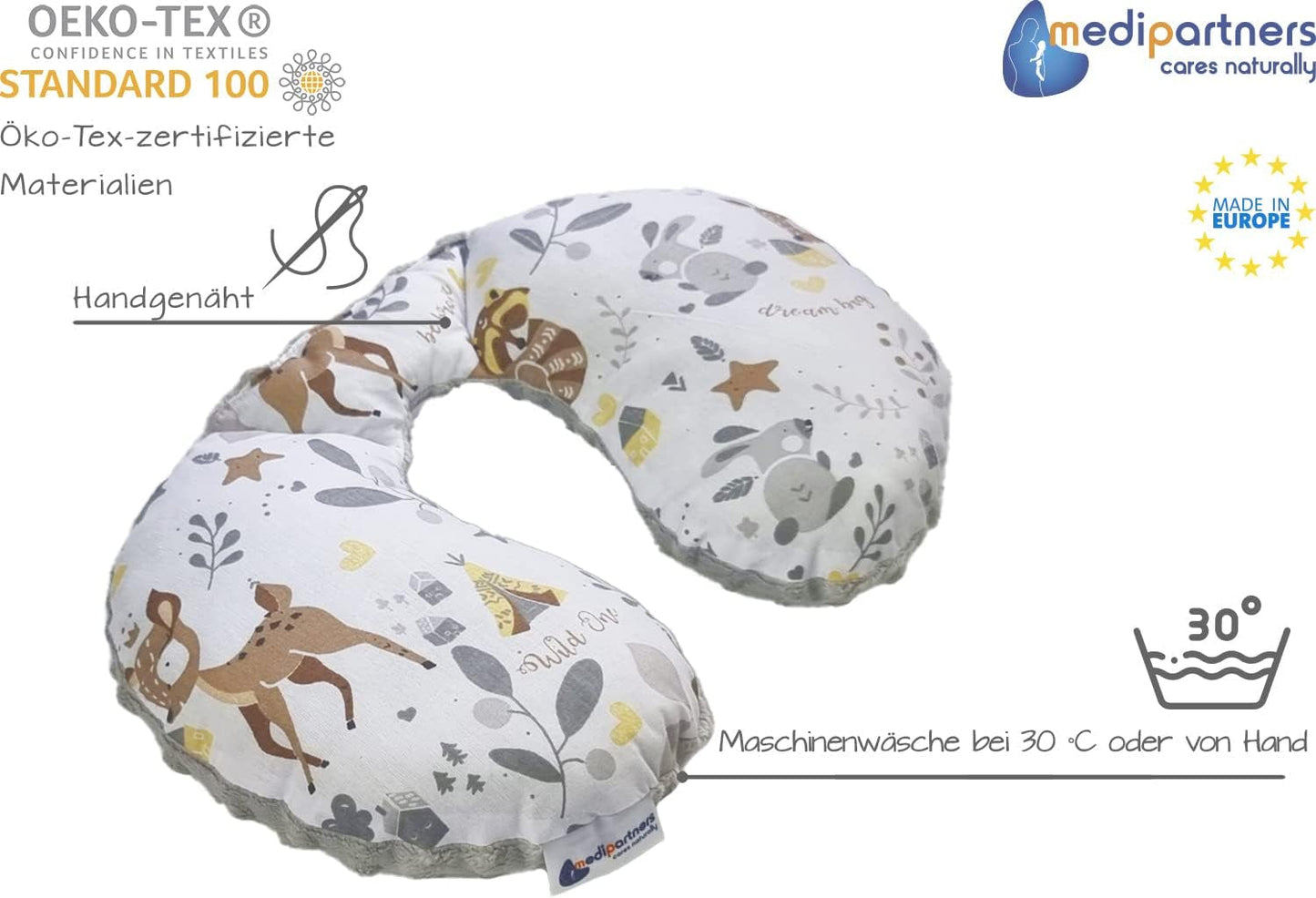Medi Partners Baby Nackkudde Nackstöd 100% Bomull / Minky Baby Nackkudde för bilvagn Resor Sömn Nackkudde Snooze Roll (REH med Grå Minky) Cervikala ortopediska kuddar Naty Shop