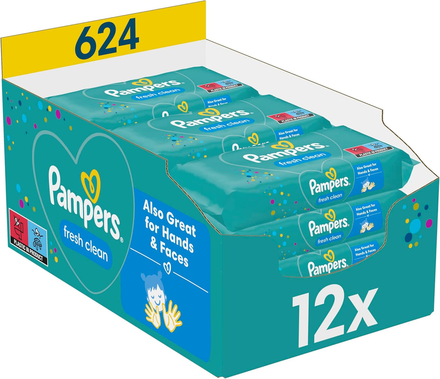 Pampers Fresh Clean våtservetter, 12 förpackningar med 52 våtservetter, 624 våtservetter totalt, lätt doft, även lämplig för händer och ansikte