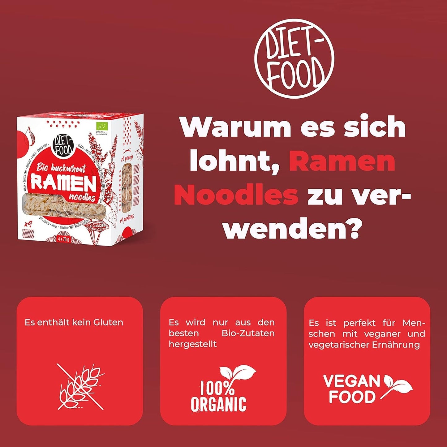 DIETMAT Ekologiska bovete Ramen nudlar, vegetarisk och vegansk mat, fettfri, sojafri, glutenfri, vattenlösliga dietnudlar, lågkalori, 280 g