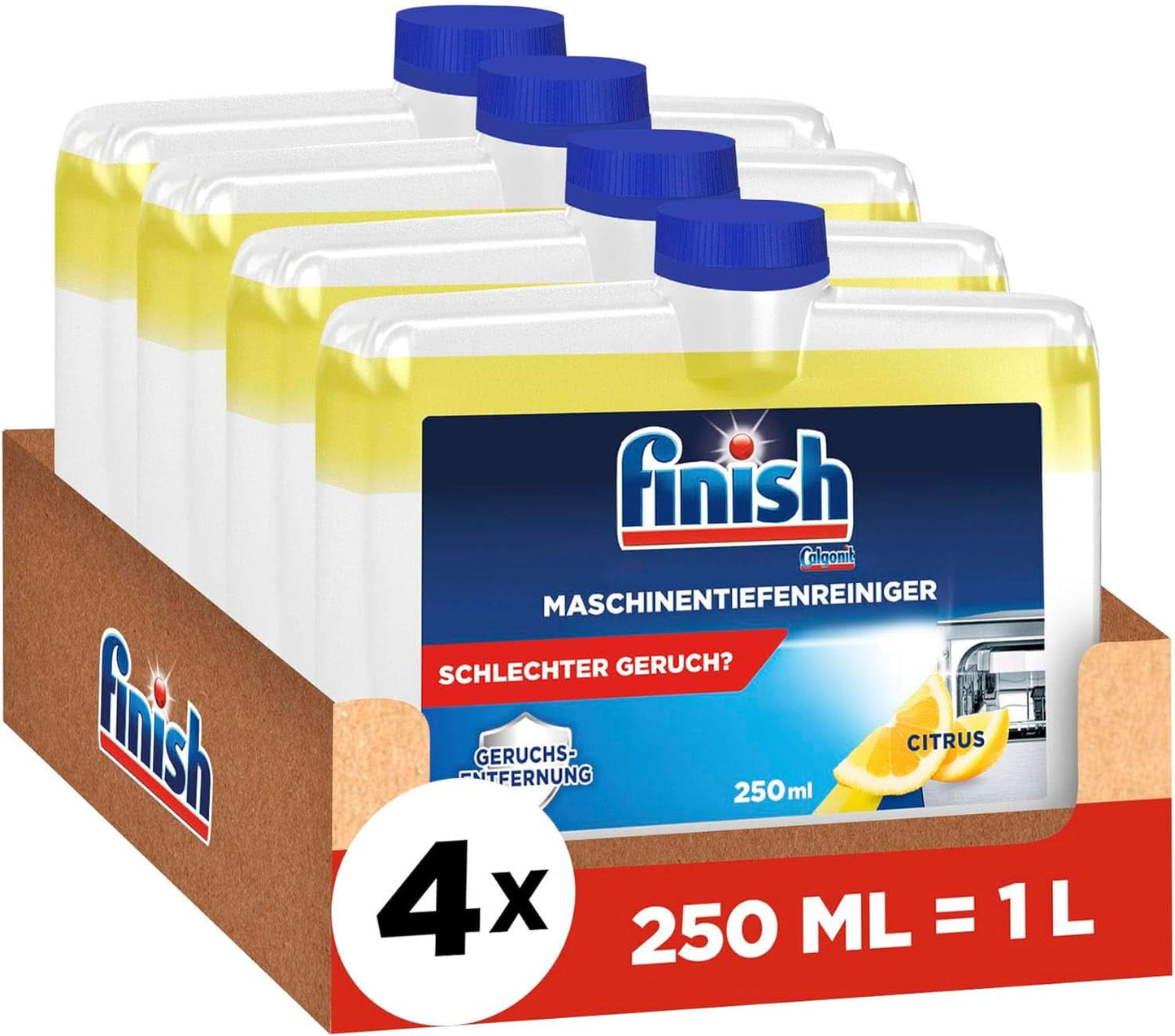 Finish Deep Machine Cleaner Citrus - flytande maskinrengöringsmedel mot kalk och fett för en ren diskmaskin - ekonomipaket Naty Shop 4 x 250 ml Set
