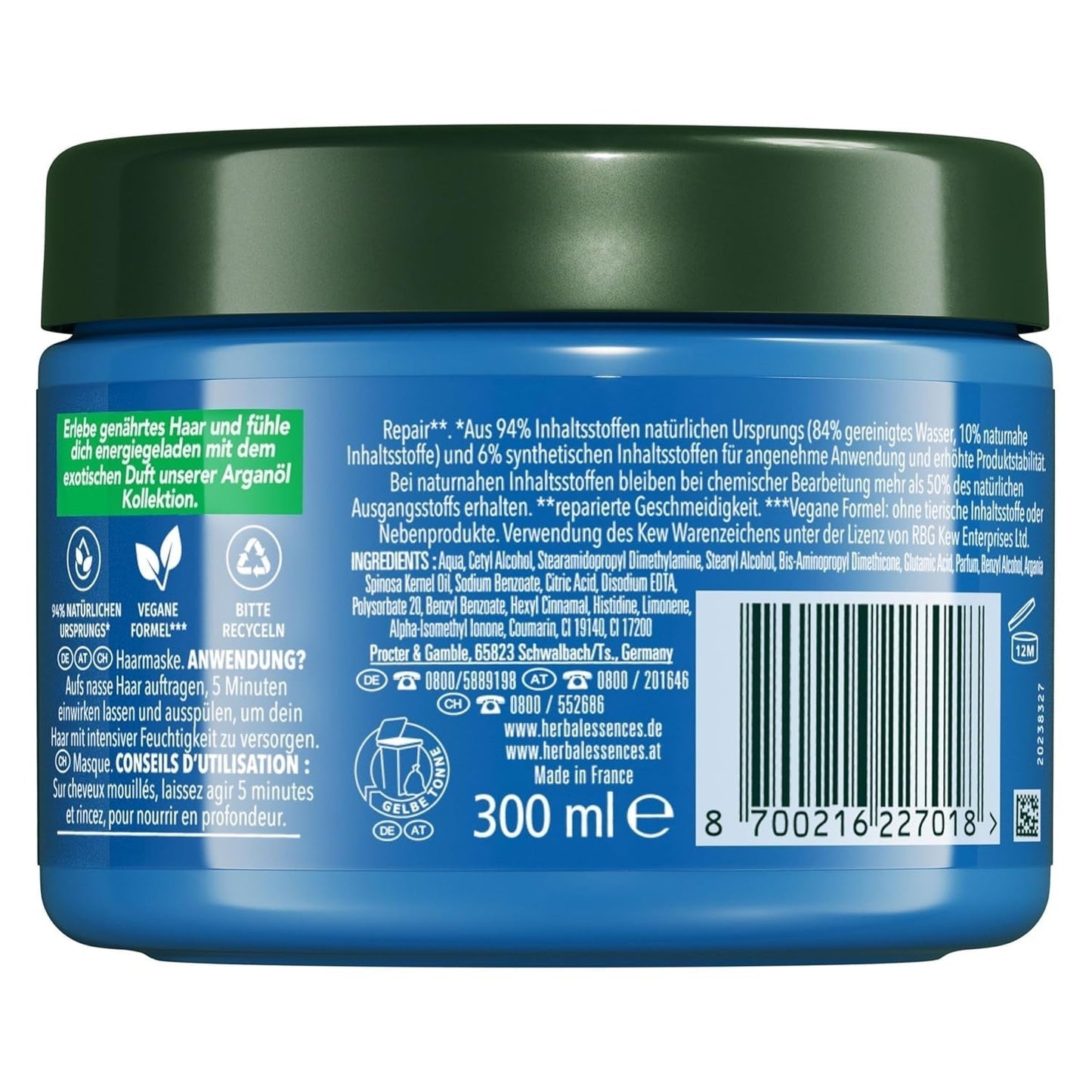 Herbal Essences hårreparationsmask med arganolja 300ml. Från skadat hår till slätare och glansigare hår. Intensivvård. Med ingredienser av naturligt ursprung. Vegan Naty Shop hårmask