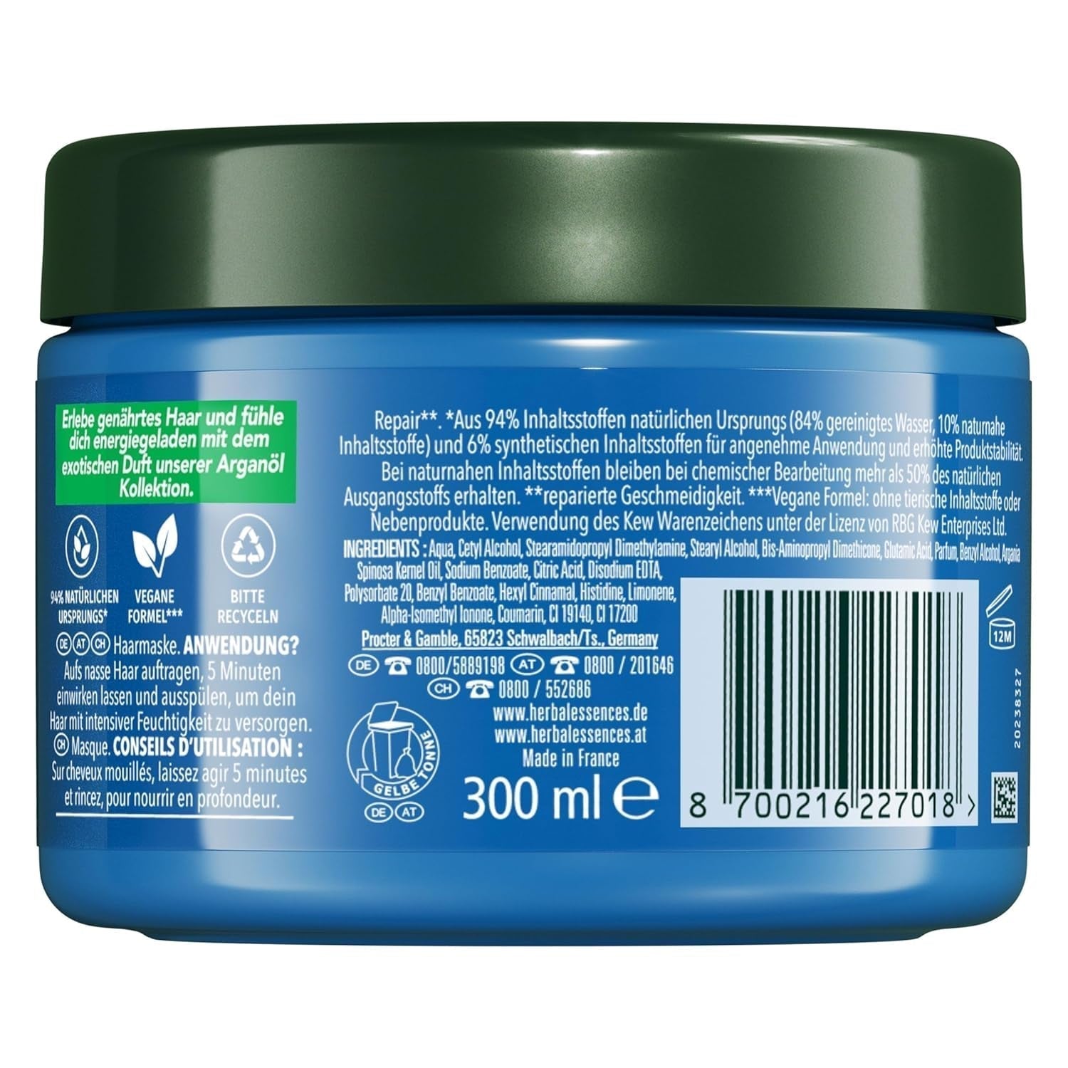 Herbal Essences hårreparationsmask med arganolja 300ml. Från skadat hår till slätare och glansigare hår. Intensivvård. Med ingredienser av naturligt ursprung. Vegan Naty Shop hårmask