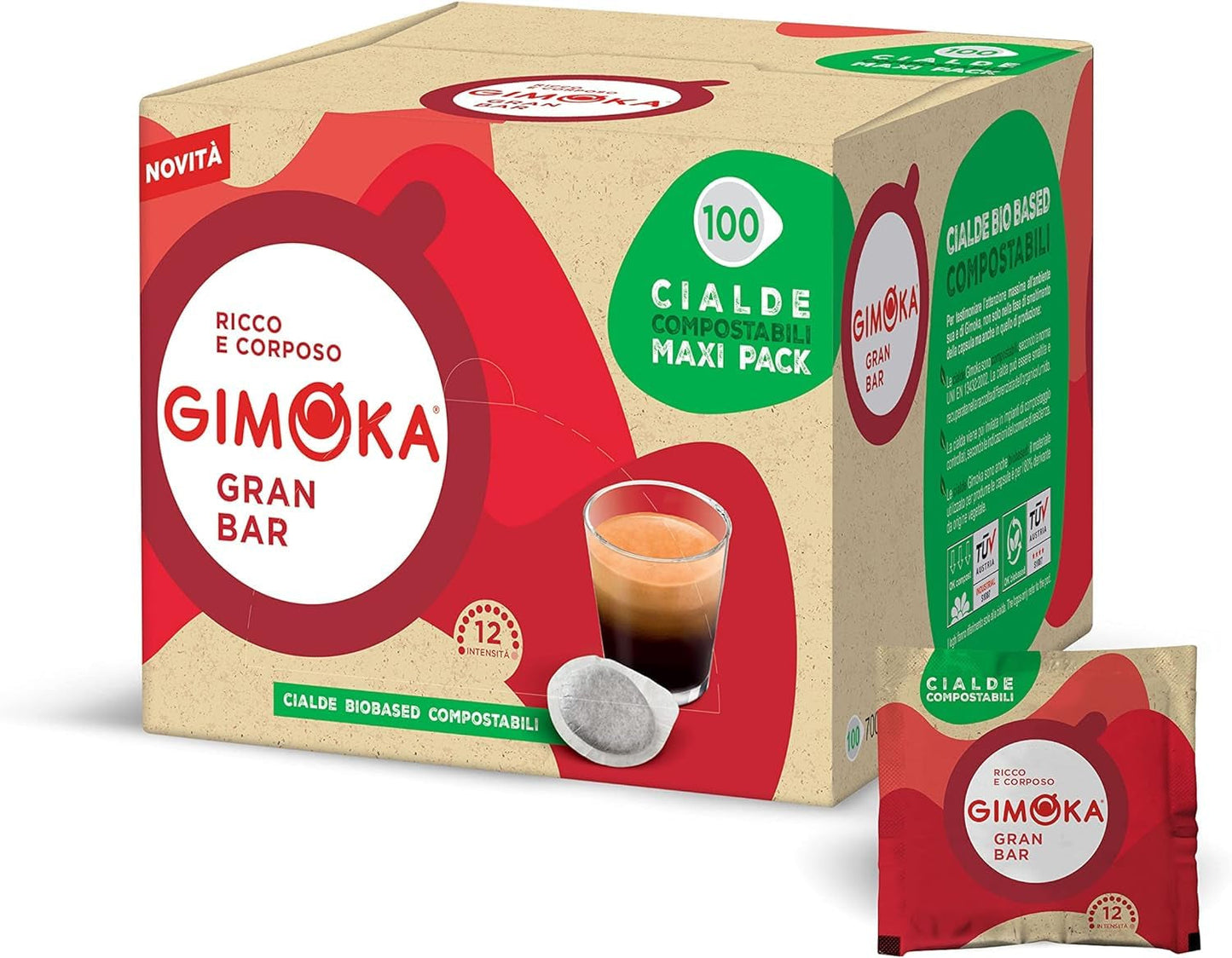 Gimoka Kompostierbare Kaffeepads, Gran Bar Intenso Kaffeemischung, Intensität 12-100 Pads - Kompatibel med ESE System Papier Pads 44 mm