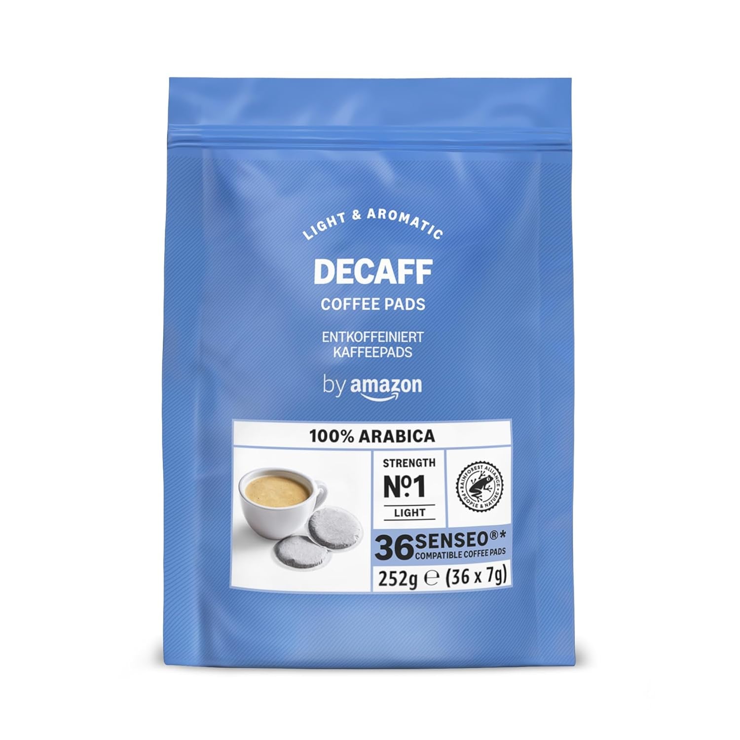 av Amazon Entkoffeinierte 100% Arabica-Kaffeepads, geeignet für Senseo-Maschinen, medium Röstung, 36 Stück (1 Packung mit 36 ​​​​Stück) – Rainforest Alliance-zertifiziert