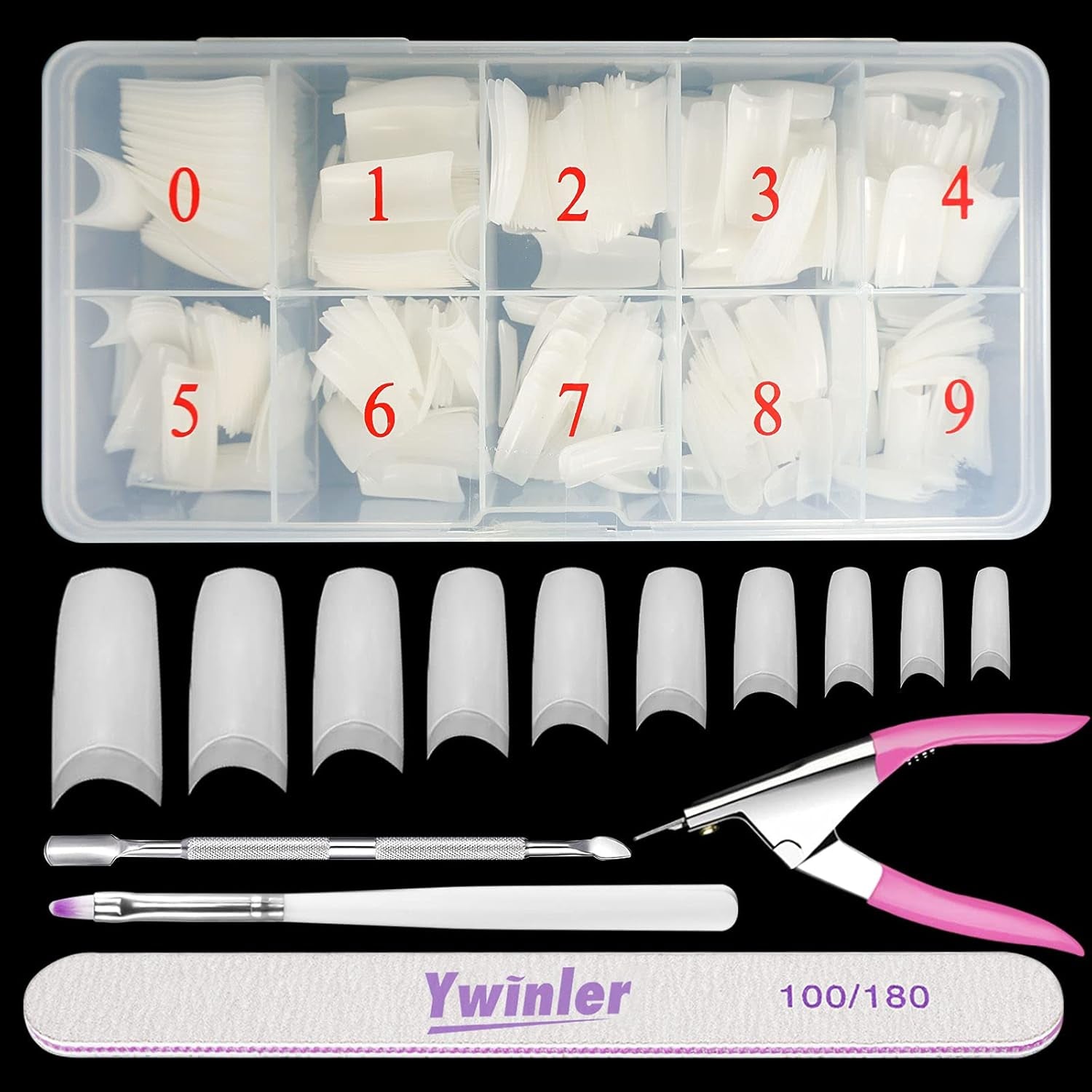 Falska Naglar 500st Naturlig Färg Konstgjorda Falska Naglar 10 storlekar DIY Akryl Med Box Nagelborste Nagelbandsskjutare Nagelfil