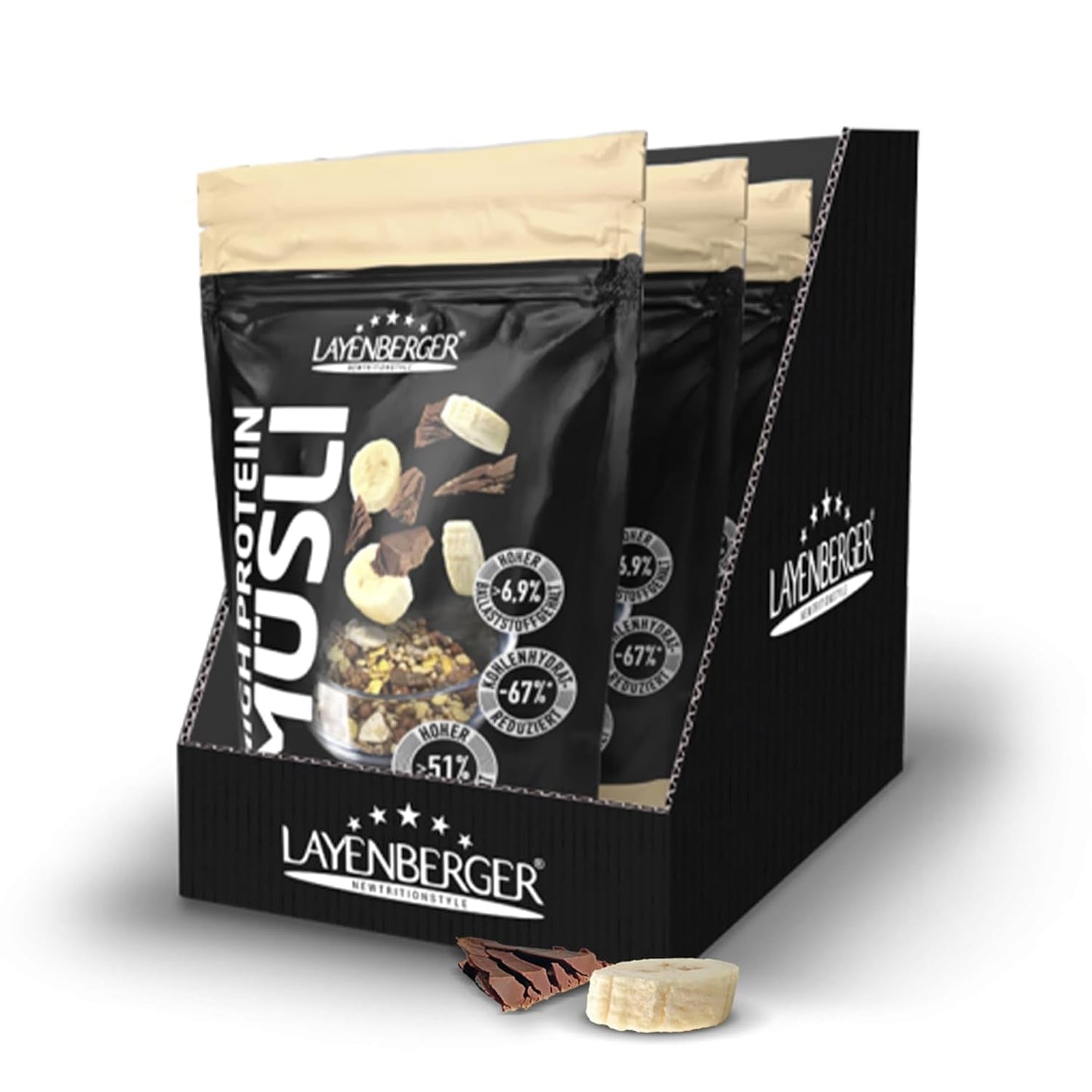Layenberger 3K högproteinmüsli, 50 % Eiweiß och 18 % Kohlenhydrat - Enkelförpackning (1X 390 G) - Schoko-Nuss Cereale Naty Shop 1,17 kg (1Er-pack) Schoko-Banana