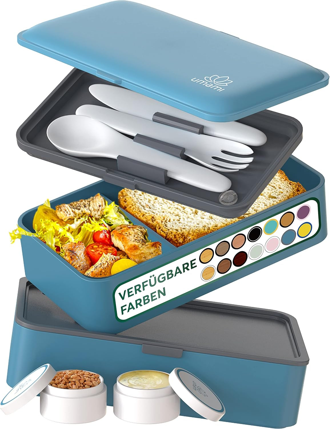 Umami Lunchbox för vuxna, Stapelbar Bento-låda med 4 bestick och fack, Vuxen Lunchbox, To-go-salladsbehållare, Picknick-/kontorslunchlåda, Kolgrå, 1500 ml Matförvaringslådor Naty Shop Denim Blue L - 1200 Ml
