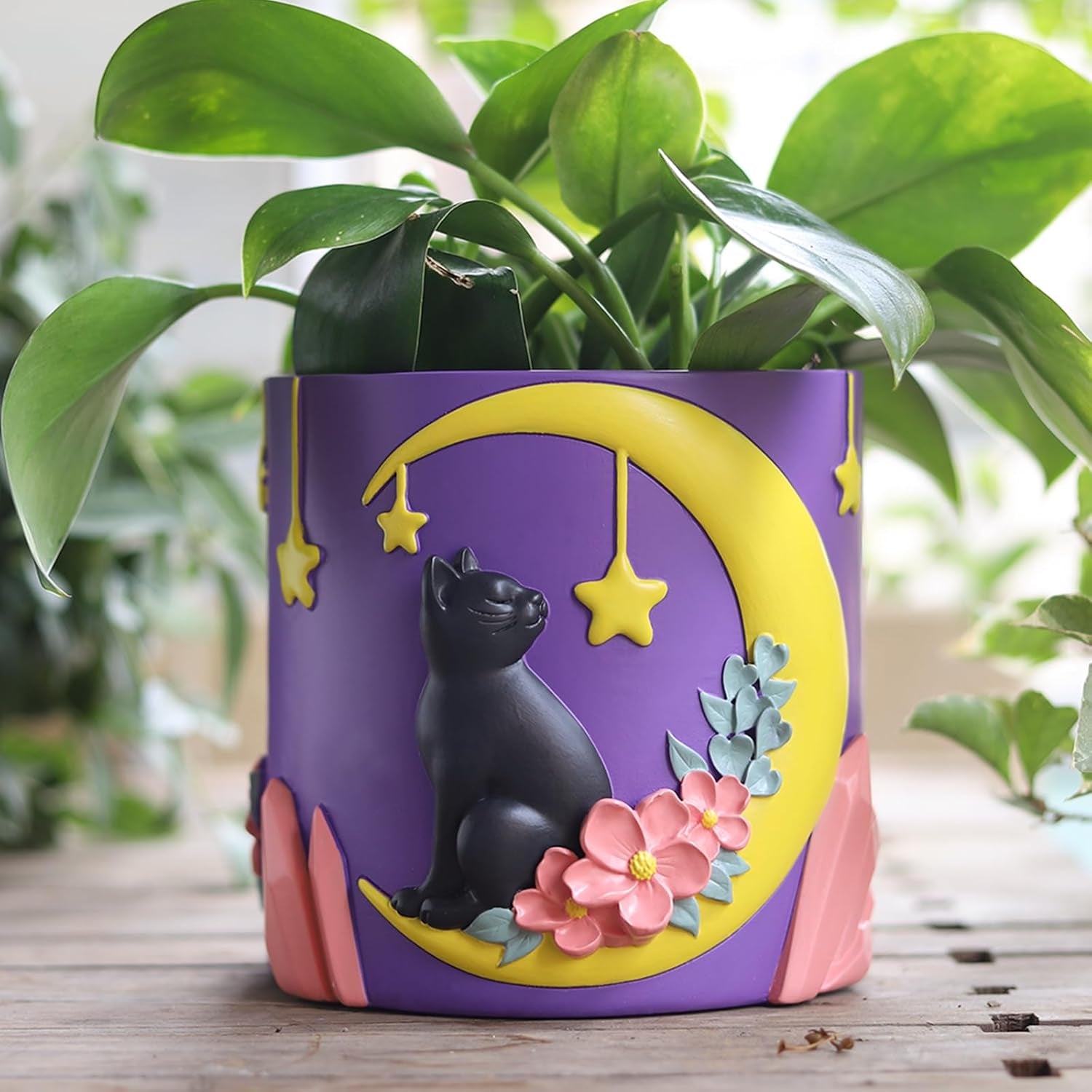 GUGUGO söta månkattblomkrukor, unik blomkruka med dränering, regnbågsfärger, små krukväxtkrukor, roliga saftiga trädgårdskrukor, present, heminredning (C)