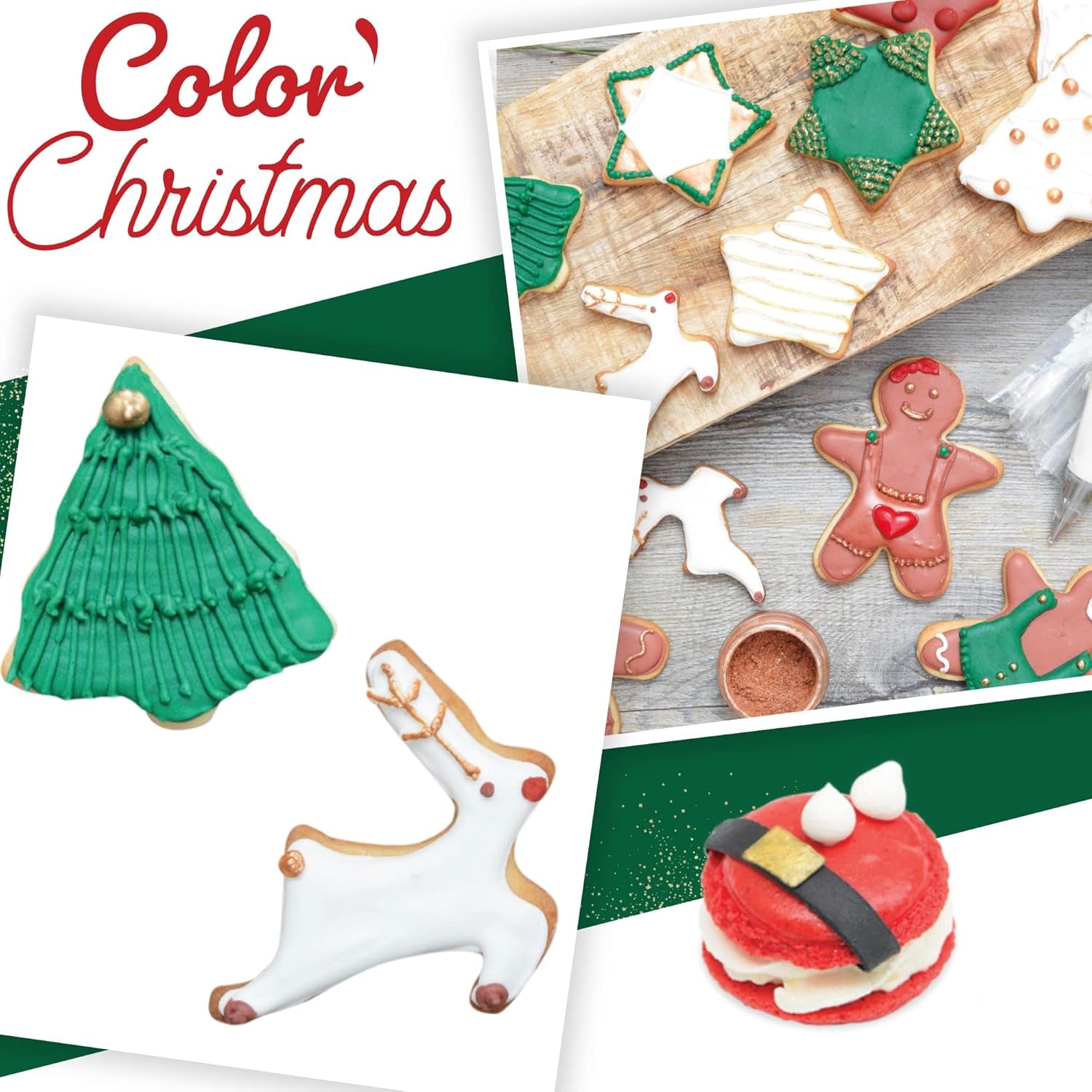Scrapcooking - Set med 3 pulveriserad julmatfärgning - röd, grön, guld - ätbar matfärg för bakning, kakor, kakor, bakverk, deg, fondant - juldekorationer - 4018