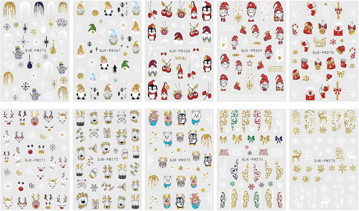 JMEOWIO Nagelsticker Weihnachten 10 Blatt Nail Art Sticker Selbstklebend Nagelaufkleber Glitter Schneeflocke Xmas Winter Urlaub Guld Dekoration Nageldesign Zubehör