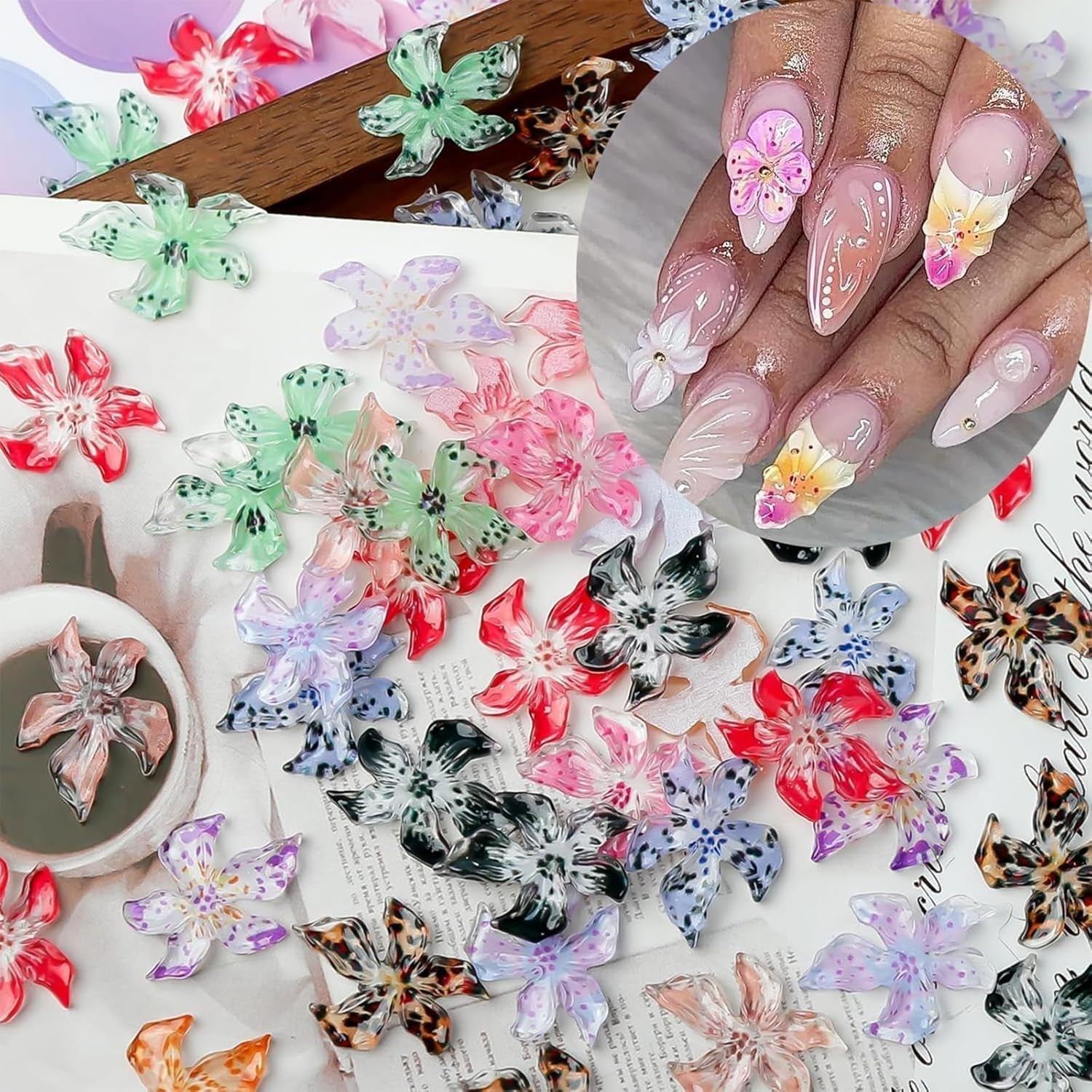50 st 3D Flower Nail Charms, 3D Gel Nail Art, Nail Charms, Färgglada sommarsmycken, DIY Nageltillbehör, Präglade Hibiscus Flower Crystals, Gradient Nail Art för kvinnor