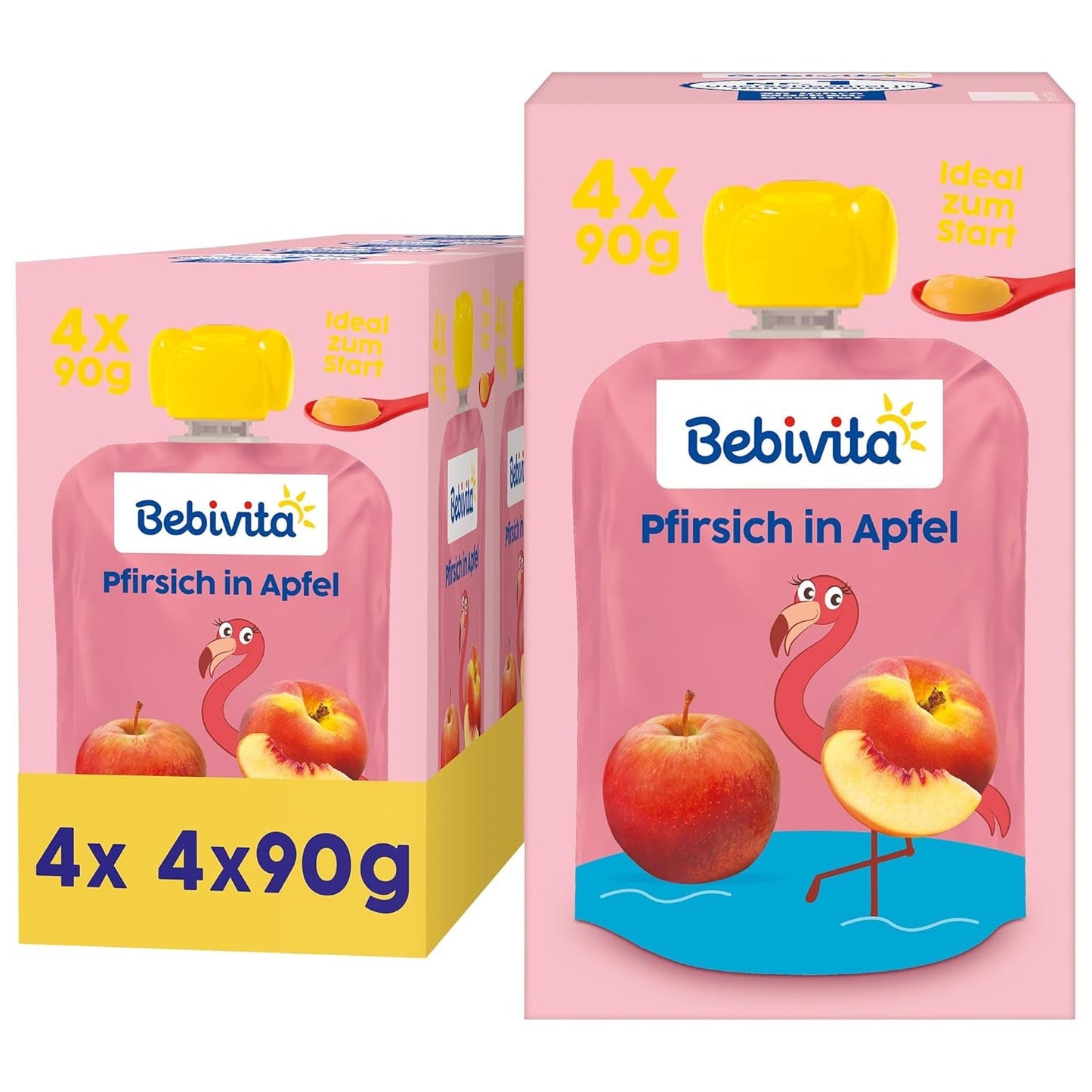 Persikaäpple pressbara påsar - 16-pack (4 förpackningar, 4 x 90 g vardera), utan tillsatt socker, glutenfri, vegan, perfekt för spädbarn från 5 månader, perfekt för take away