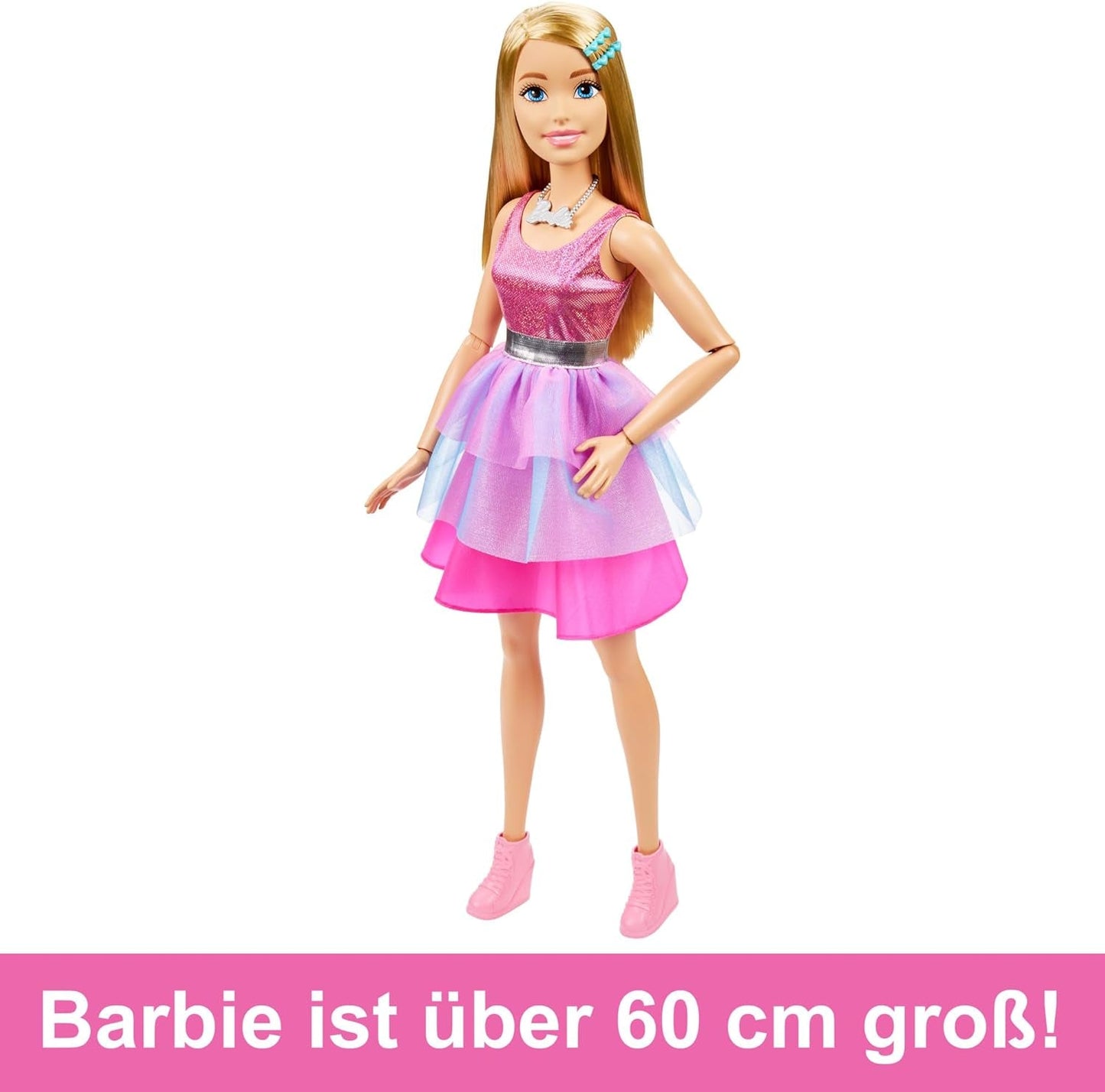 Barbie extra stor (71 cm) docka - rosa klänning, blont hår med klämma och halsband, present från 3 år och uppåt, HJY02
