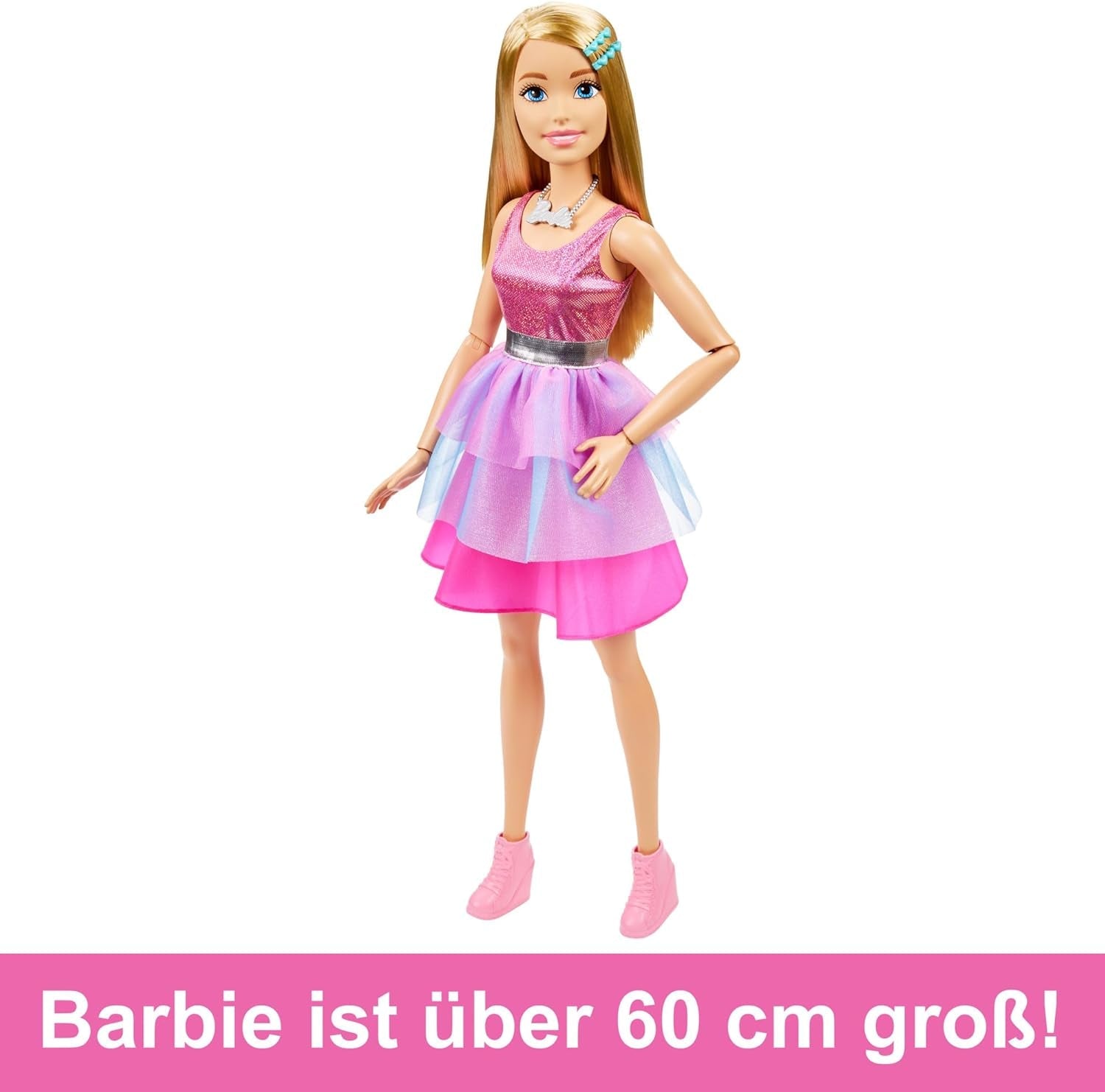 Barbie extra stor (71 cm) docka - rosa klänning, blont hår med klämma och halsband, present från 3 år och uppåt, HJY02