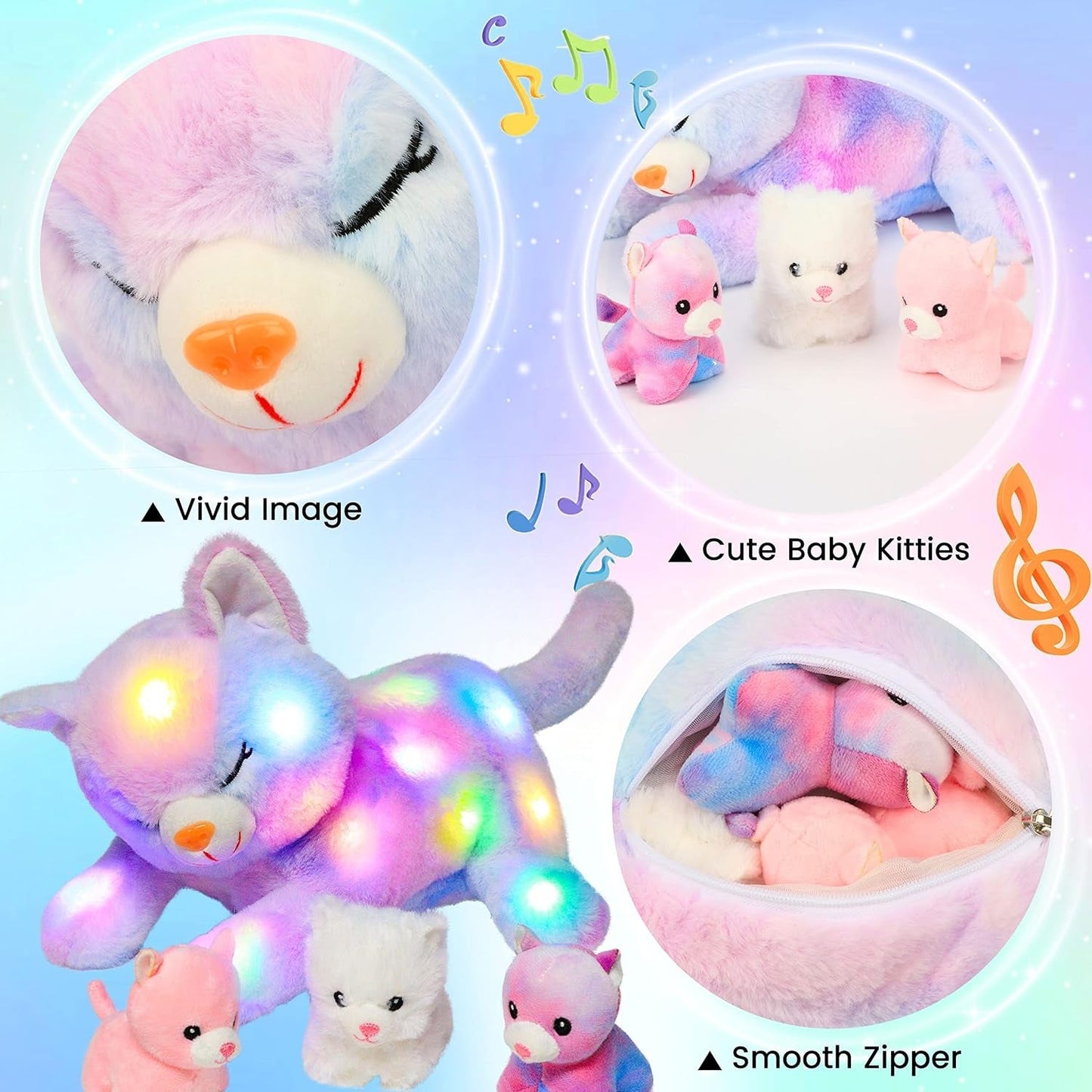 LED musikalisk plyschkatt, lätt sjungande leksak, kattmamma med 3 kattungar i magen, animerad vaggvisa, lugnande leksak för mödrar, barn, små flickor, regnbåge, 45 cm