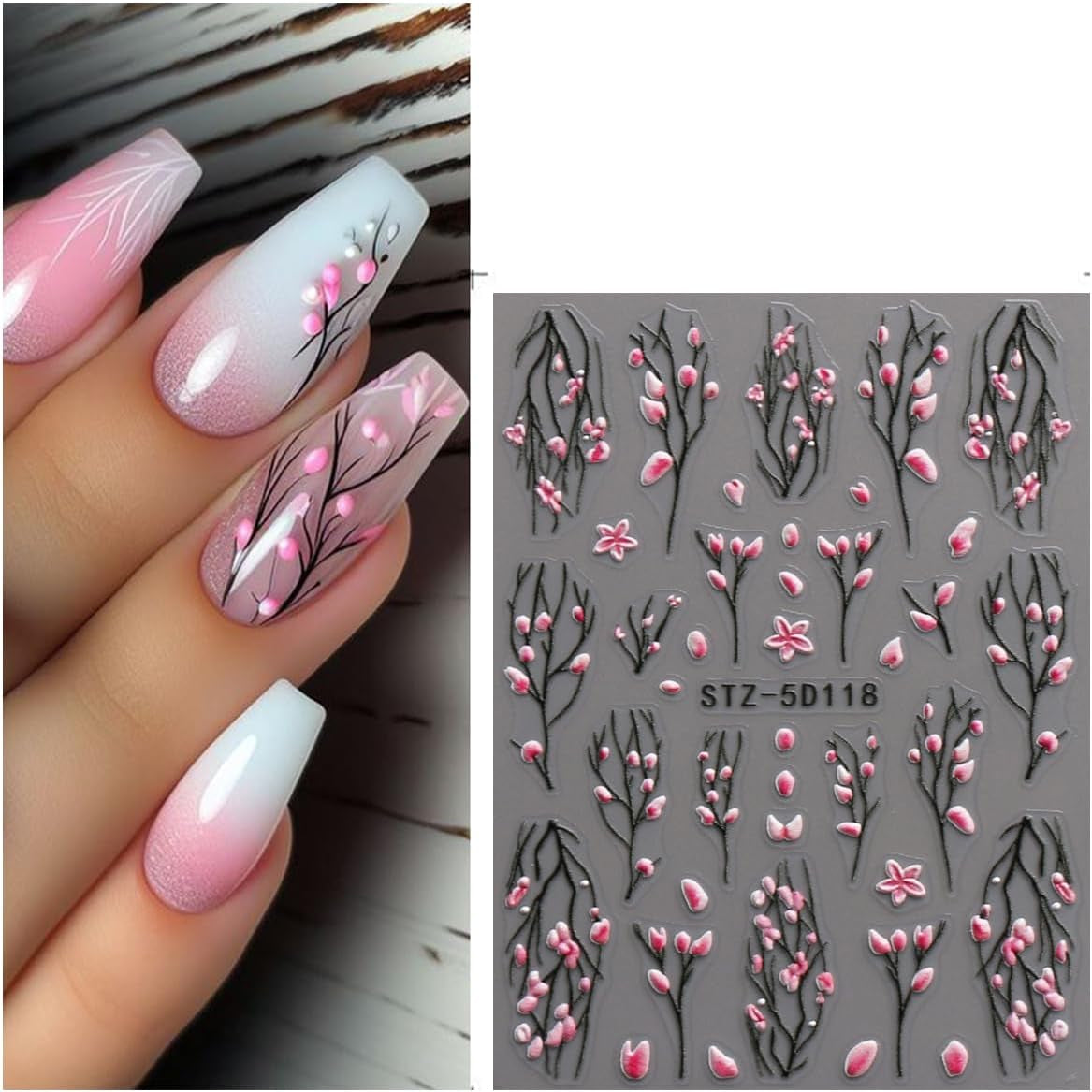 JMEOWIO 3D Nagelsticker Blume Nail Art Sticker Selbstklebend Nagelaufkleber 5D Stereoskopisk Frühling Sommer Floral Dekoration Nageldesign Zubehör 4 Blatt