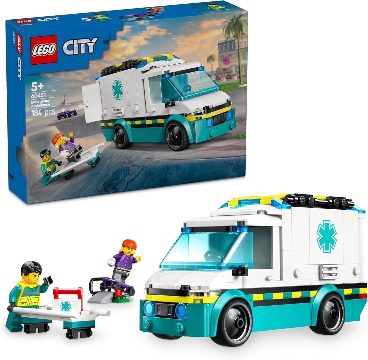 LEGO City Ambulance - leksak med 2 minifigurer (skateboardåkare och förare) - pedagogisk leksak för pojkar och flickor från 5 år - födelsedags- och semesterpresentidéer 60451 Byggset Besuche den LEGO-Store Standardtitel
