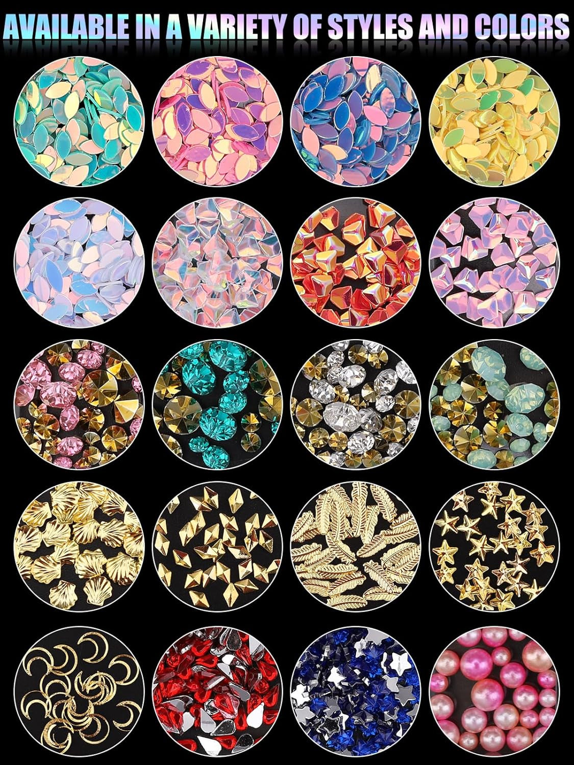 EBANKU Nail Art Strass Kit Multi Design Zubehör Mit 1 Pinzetten 1 Stück Wachsstifte Deko Diamanten Kristalle Perlen Edelsteine ​​Bunt Pferdeaugen Strass Metall Nieten Für Nagel DIY (1 Stück (10Er Pack))