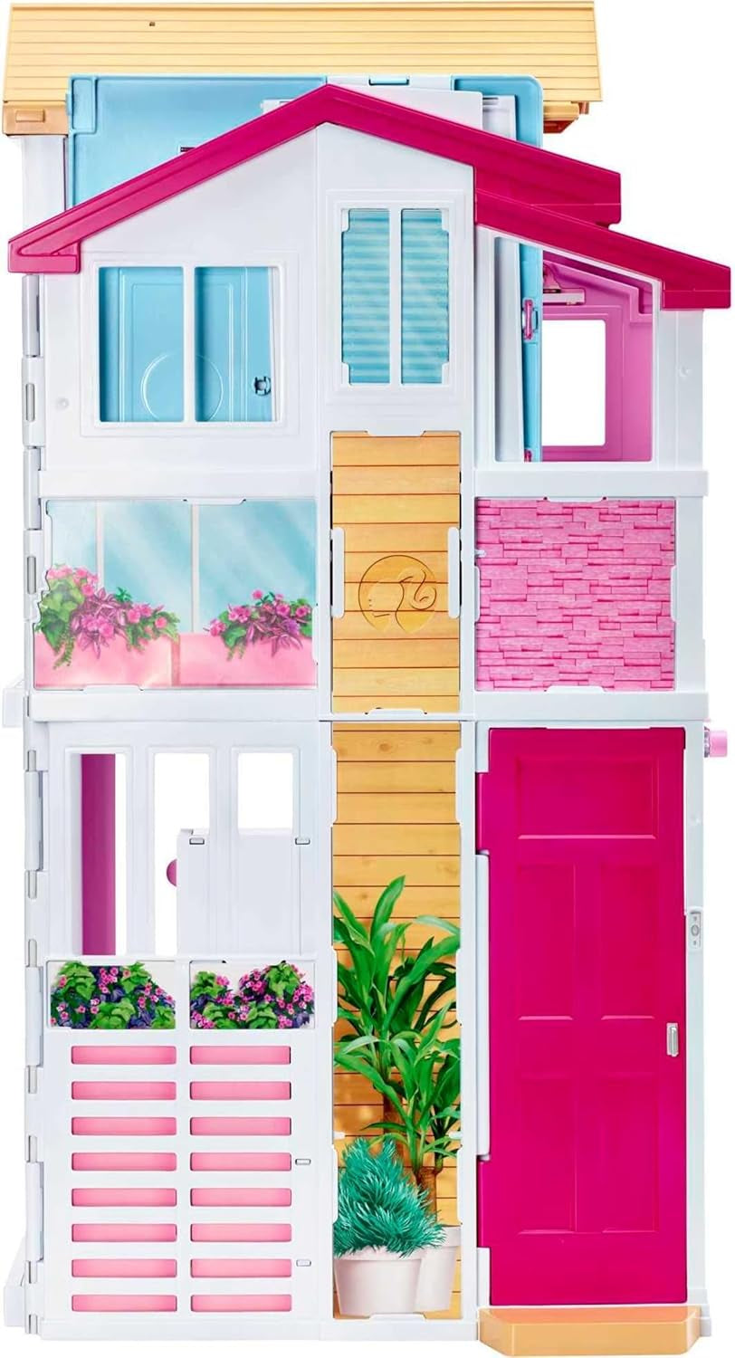 Barbie Dream House, 3-vånings 5-rums radhus, inkluderar tillbehör som möbler, hopfällbar och förvaring, leksak för åldrarna 3 och uppåt, DLY32